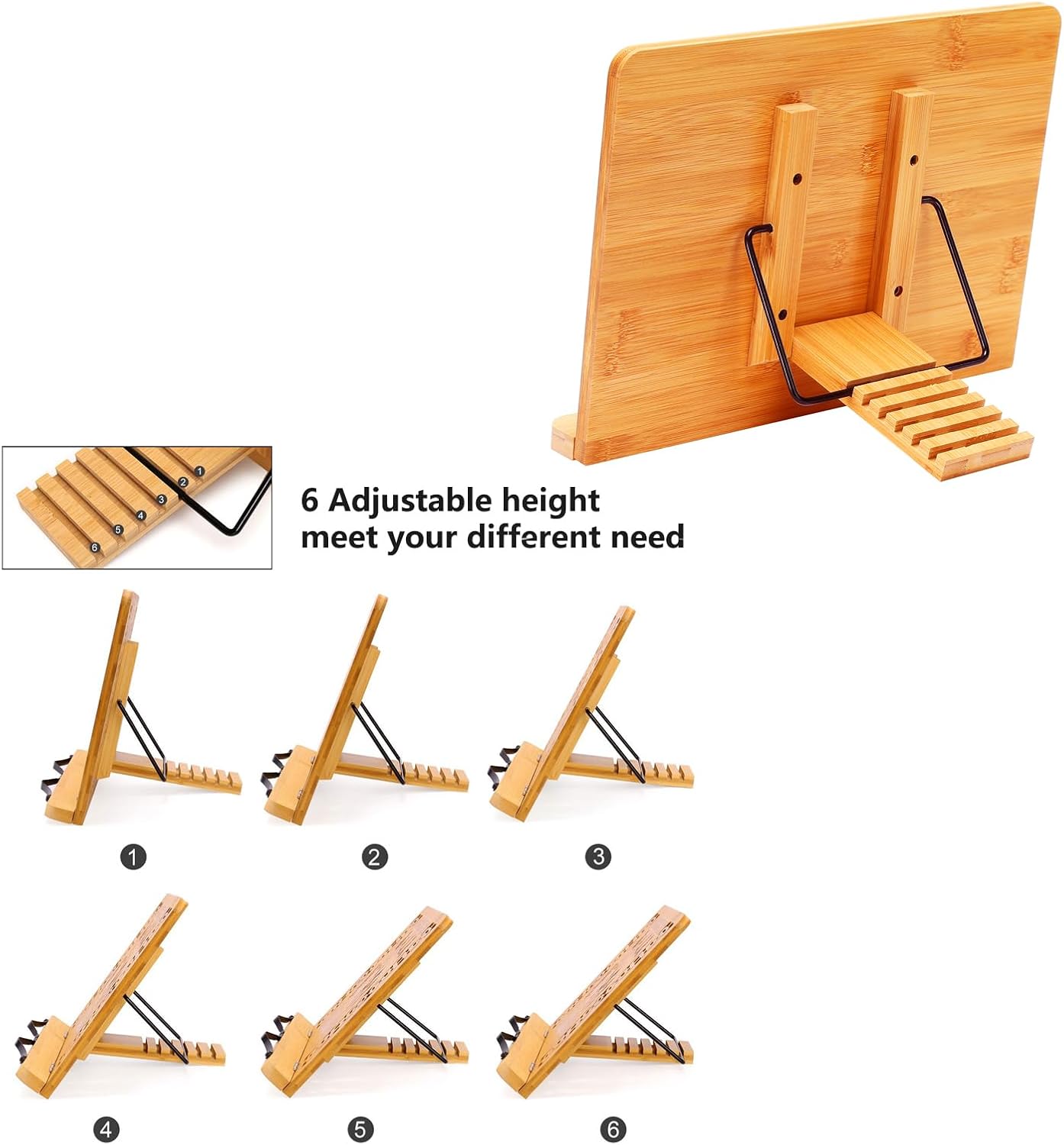 MEGREZ Bamboo Cookbook Stand with Page Clips 6 Height Adjustable