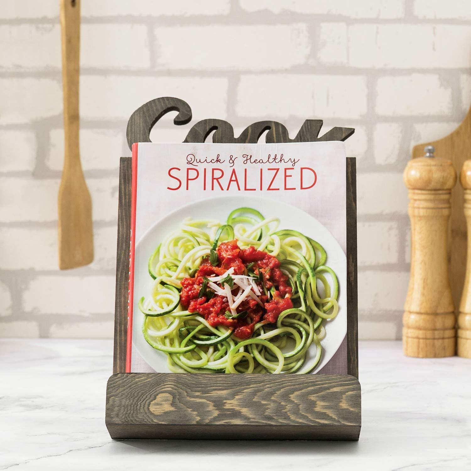 Functional Solid Wooden Cookbook Holder with Kickstand Decorative Letters Gray