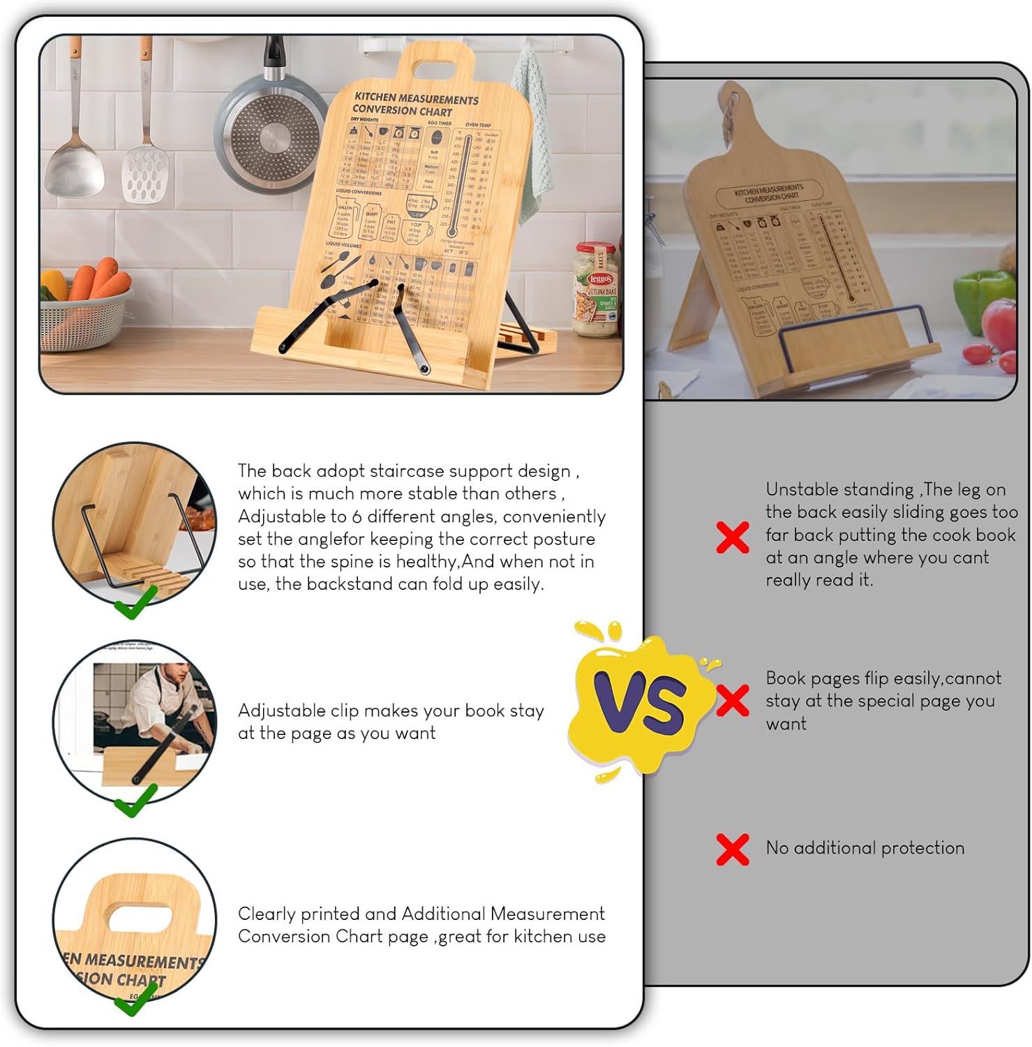Bamboo Kitchen Cookbook Stand with Conversion Chart