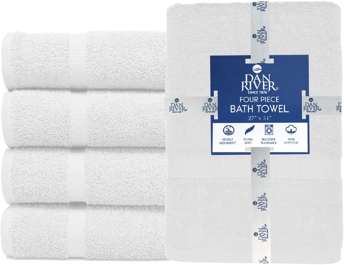 DAN RIVER Premium Bath Towels 27x54 Inches 4 Pack White 550 GSM