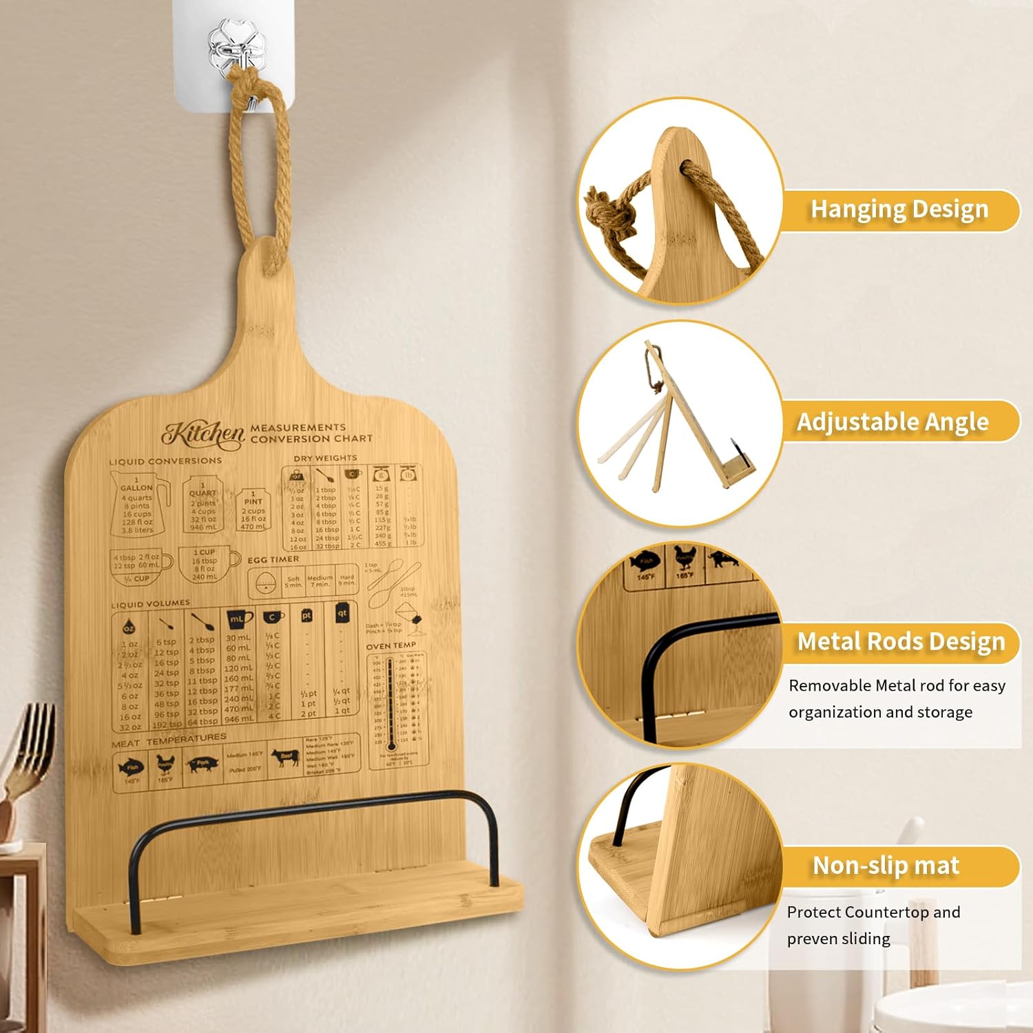 Adjustable Bamboo CookBook Holder with Conversion Chart