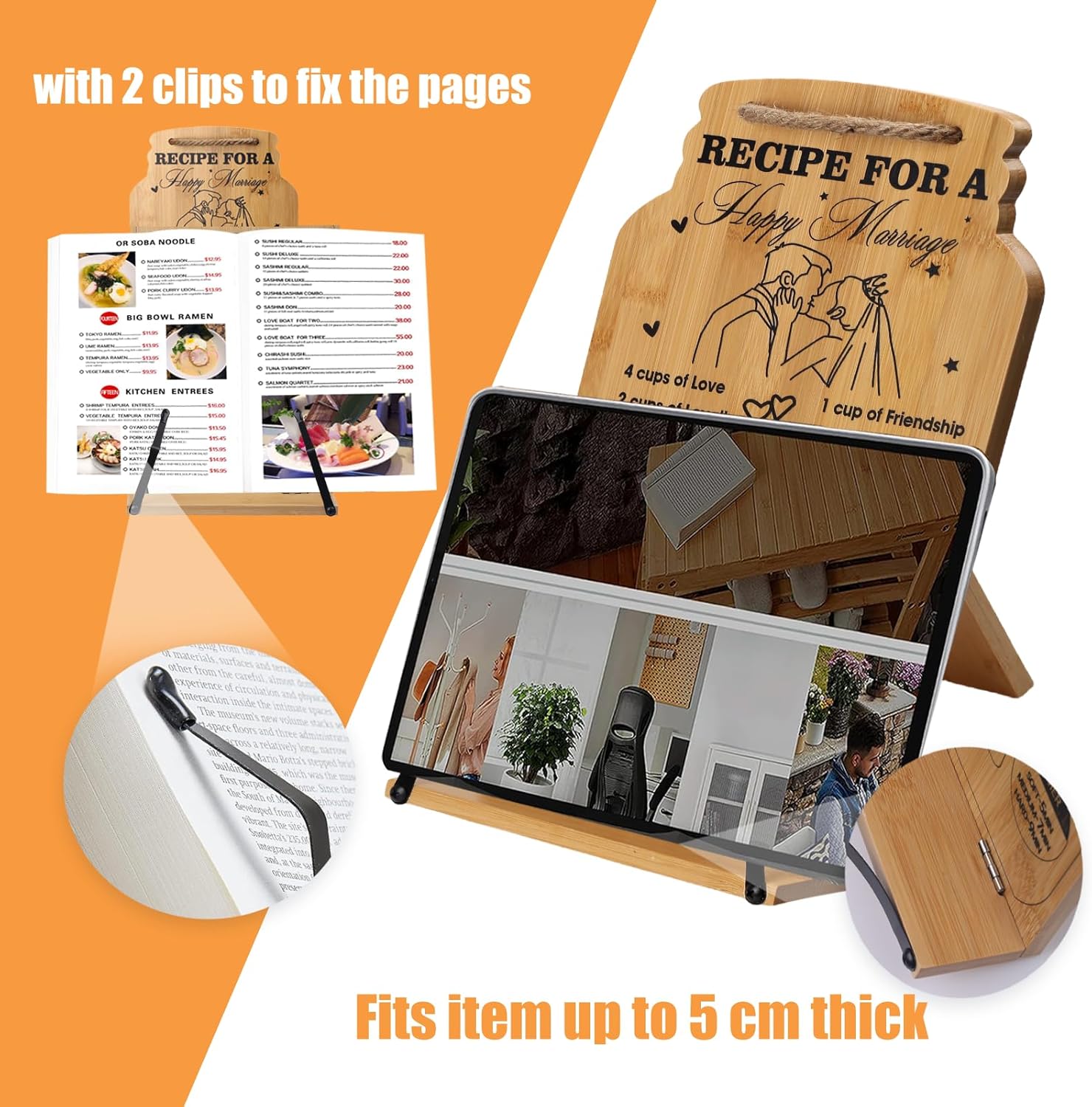 Elegant Bamboo Cookbook Stand for Newlyweds