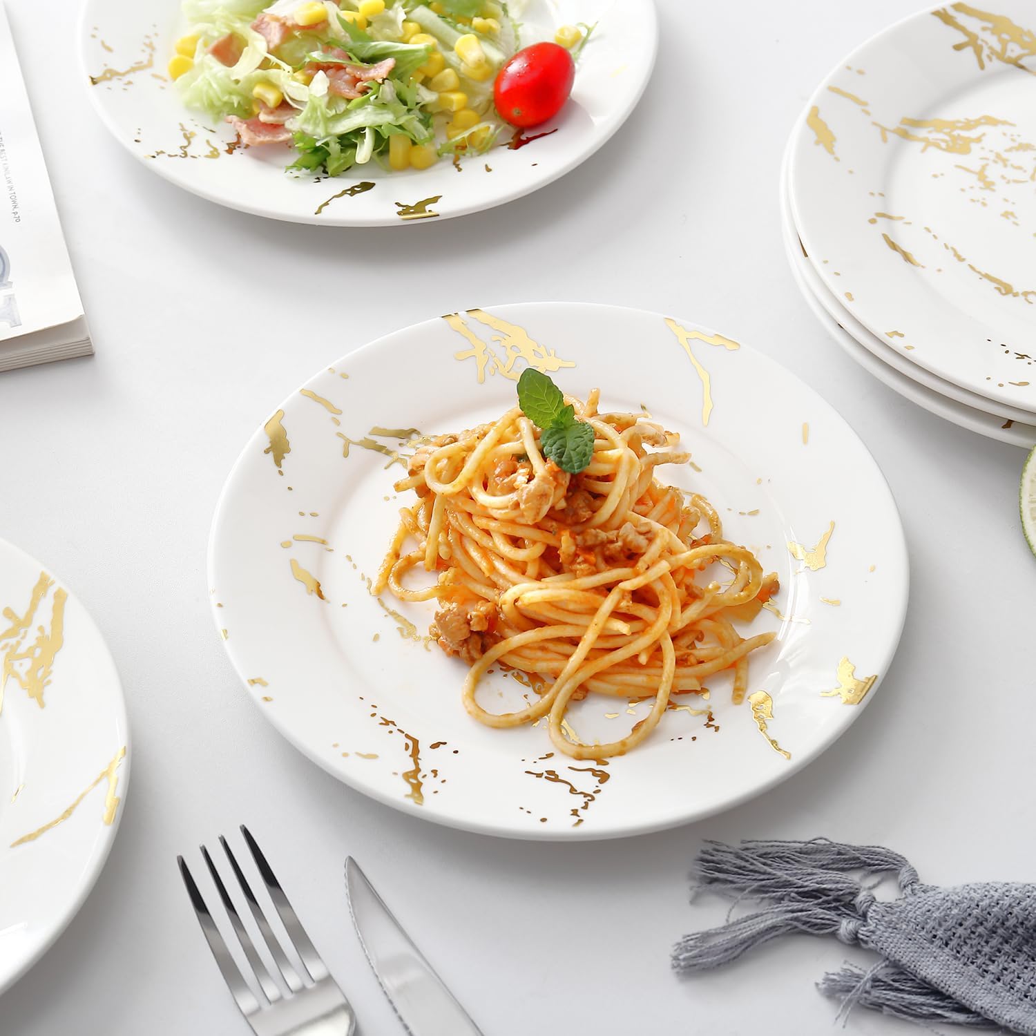 Elegant 10-Inch White Gold Ceramic Dinner Plates Set of 6