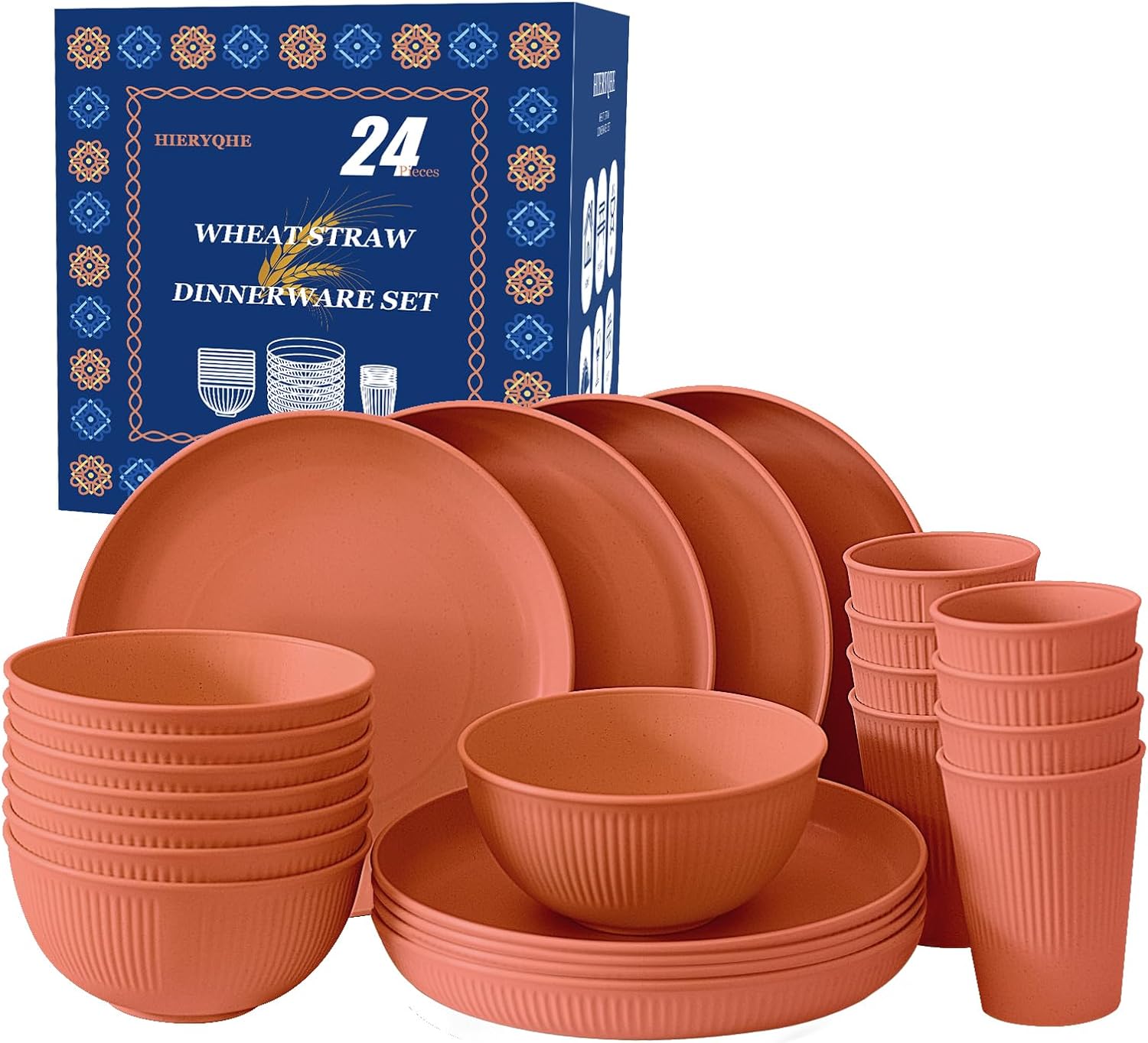 24pcs Unbreakable Reusable Wheat Straw Dinnerware Set for Outdoor Use