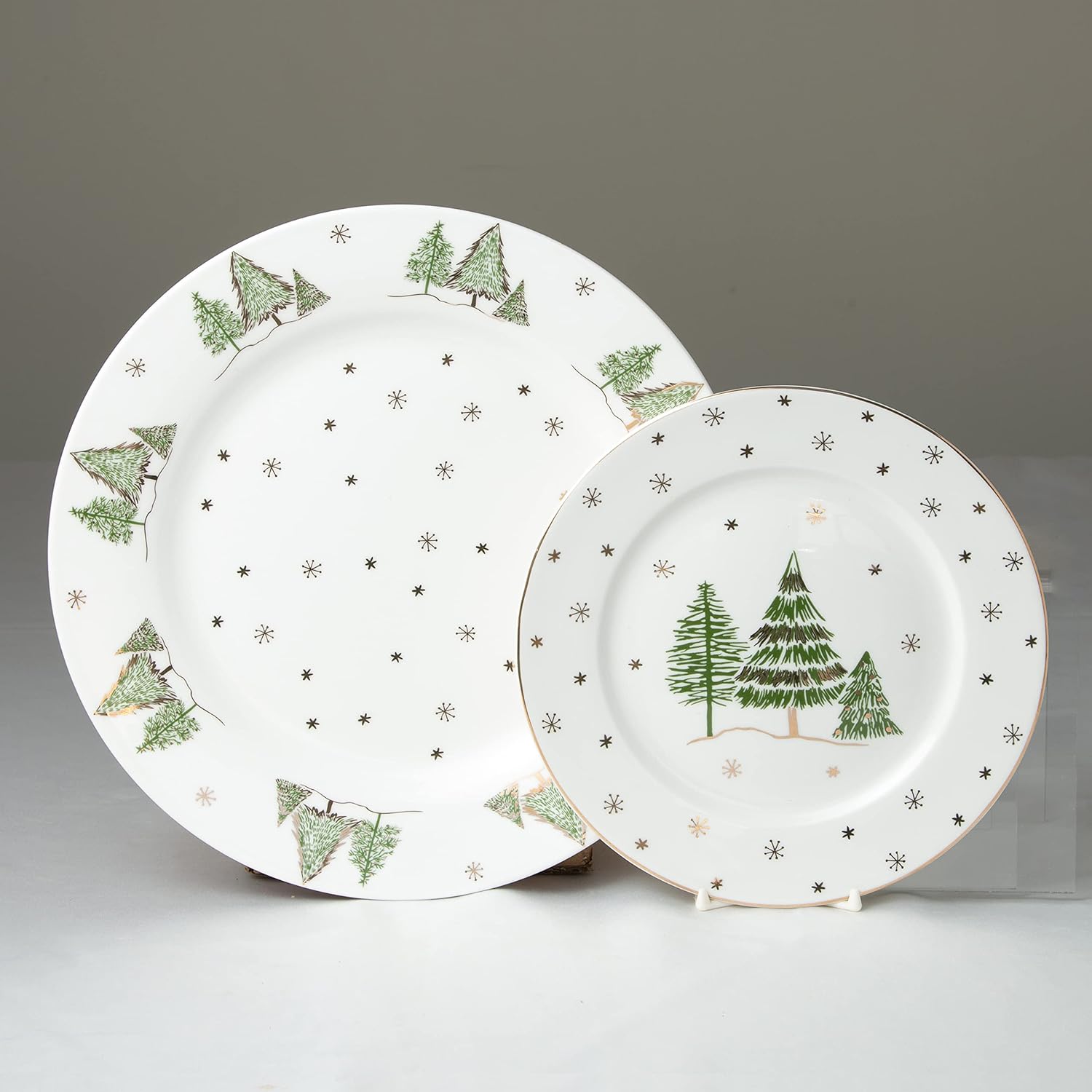Gracie China Gold Green Pine Tree Dinner Plate Set 4 x 105-Inch