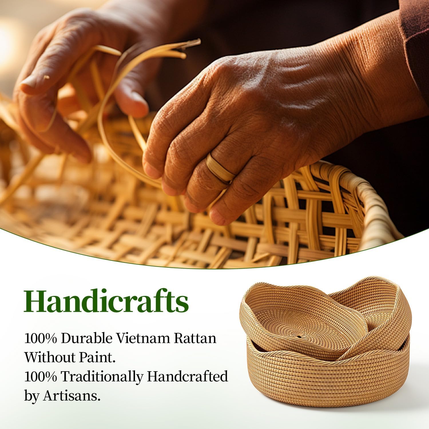 3-Piece Rattan Serving Basket Set Hand-crafted Kitchen Storage