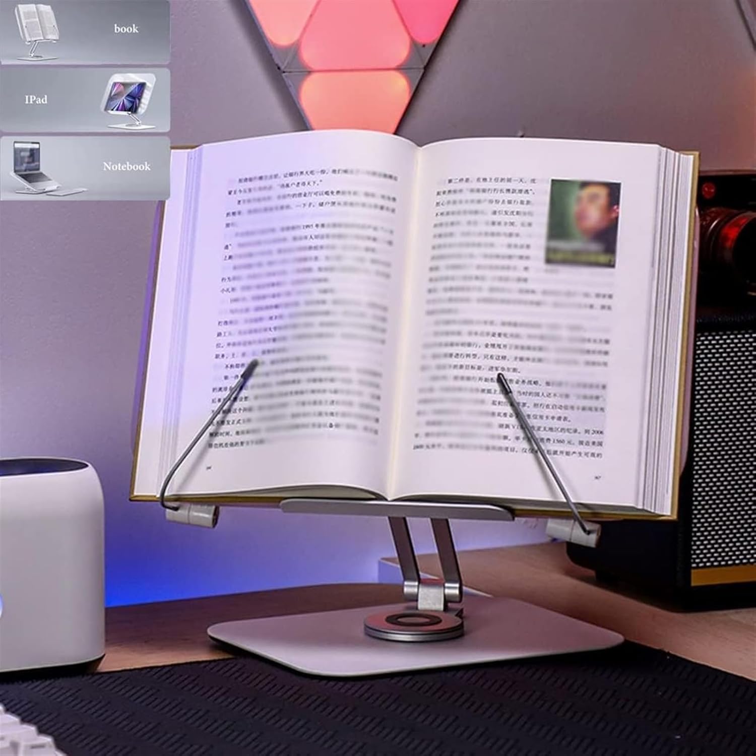 Adjustable 360 Book Holder with Page Clips Foldable for Cookbooks More