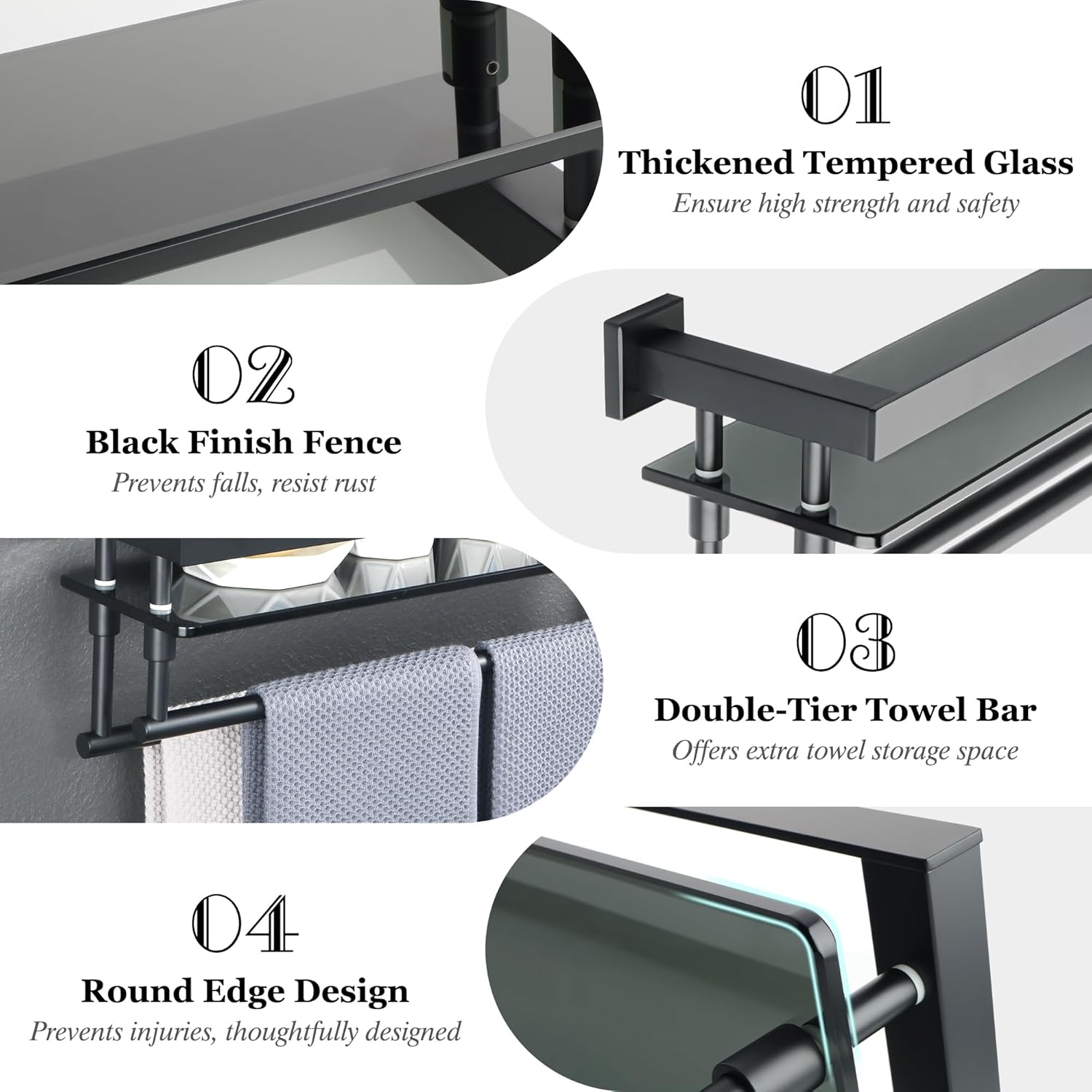 Alise 20-inch Double Towel Bar Glass Shelf for Bathroom