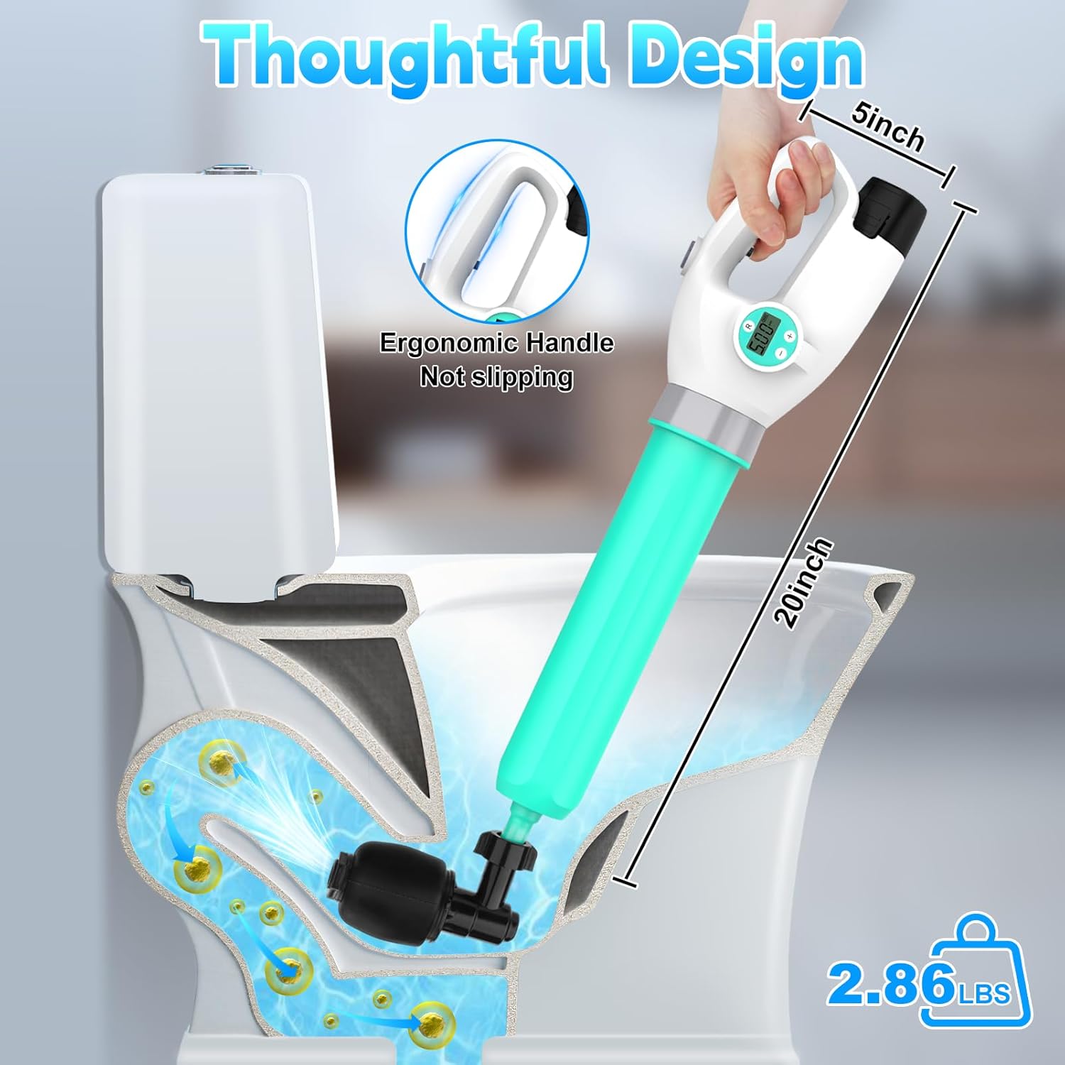 Electric Toilet Plunger with Auto Inflation and Digital Display
