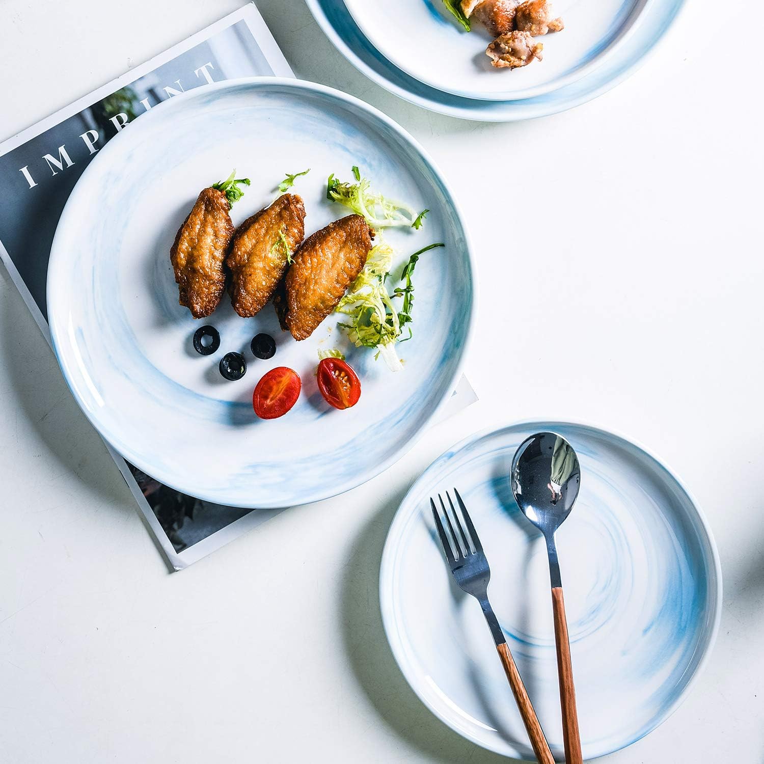 Yundu Blue Marbles 8-inch Ceramic Plates Set of 4 - Microwave Dishwasher Safe