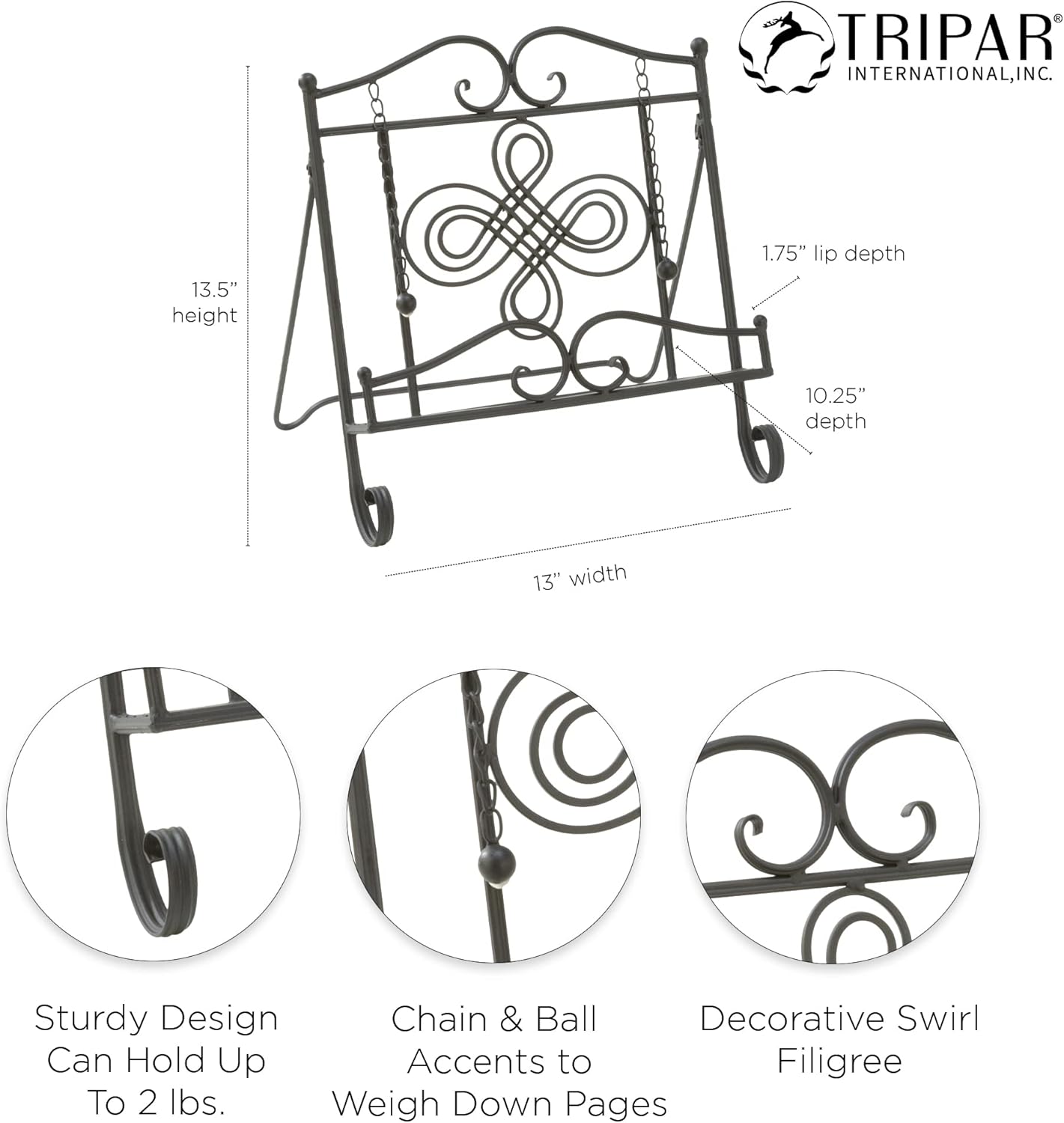 Sturdy Black Metal Cookbook Stand with Swirl Design