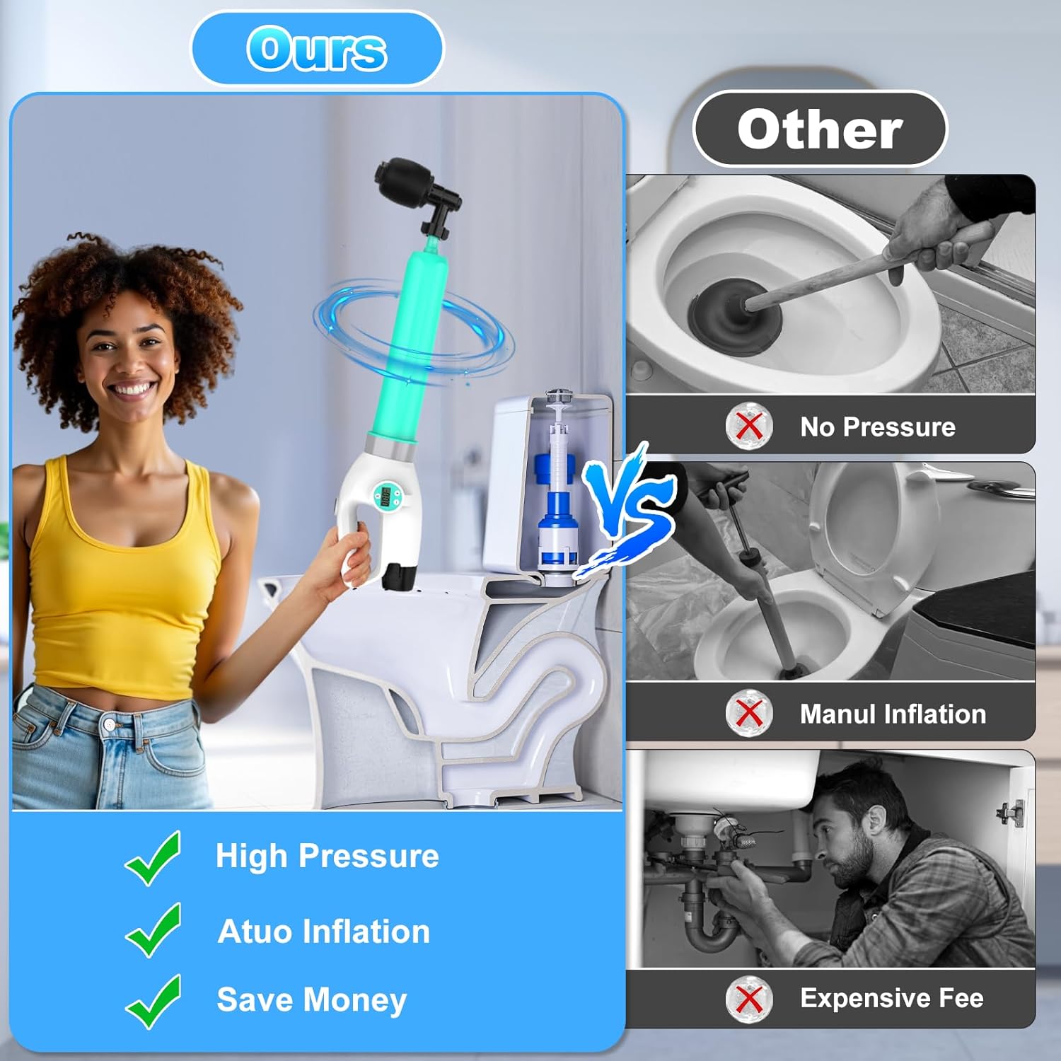 Electric Toilet Plunger with Auto Inflation and Digital Display