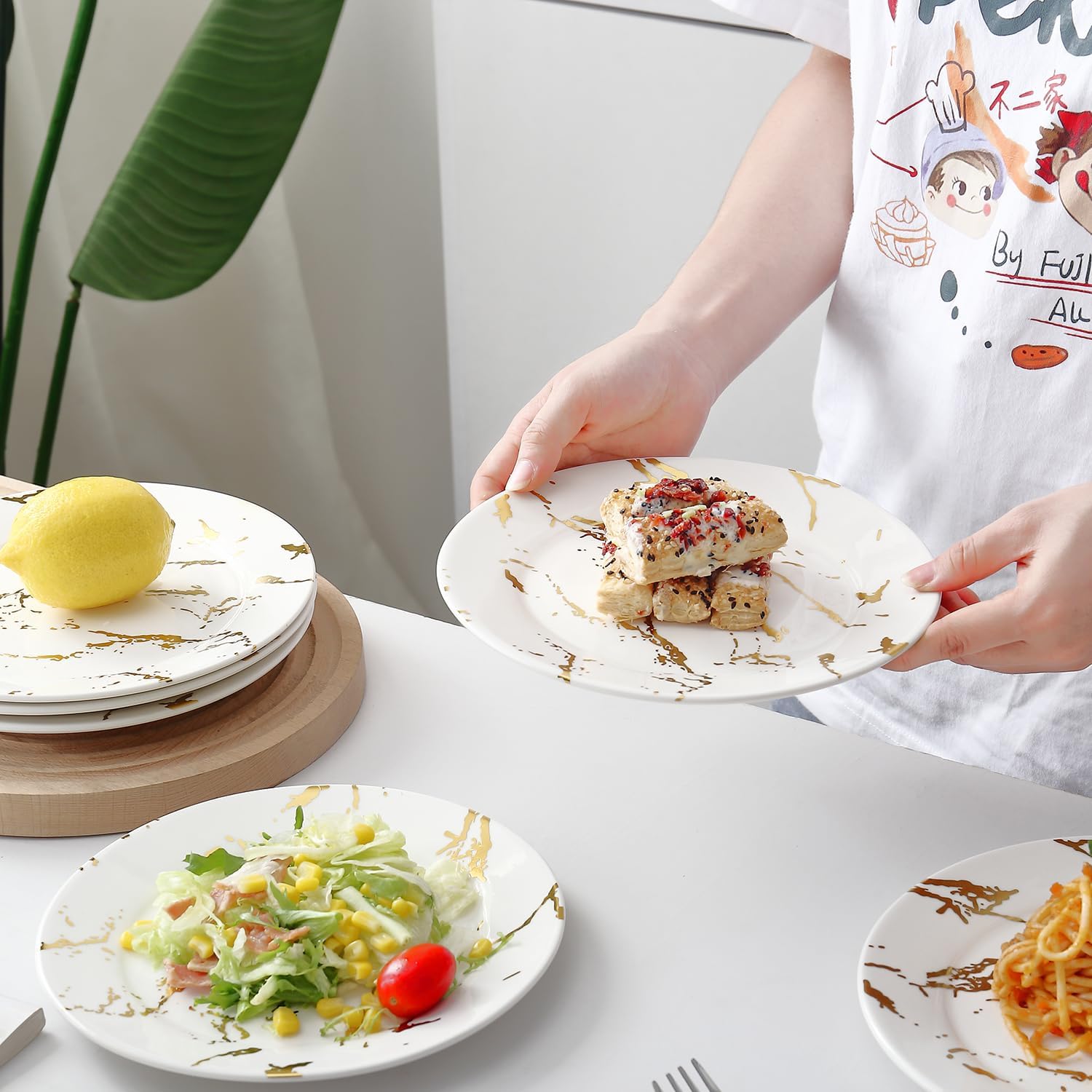 Elegant 10-Inch White Gold Ceramic Dinner Plates Set of 6