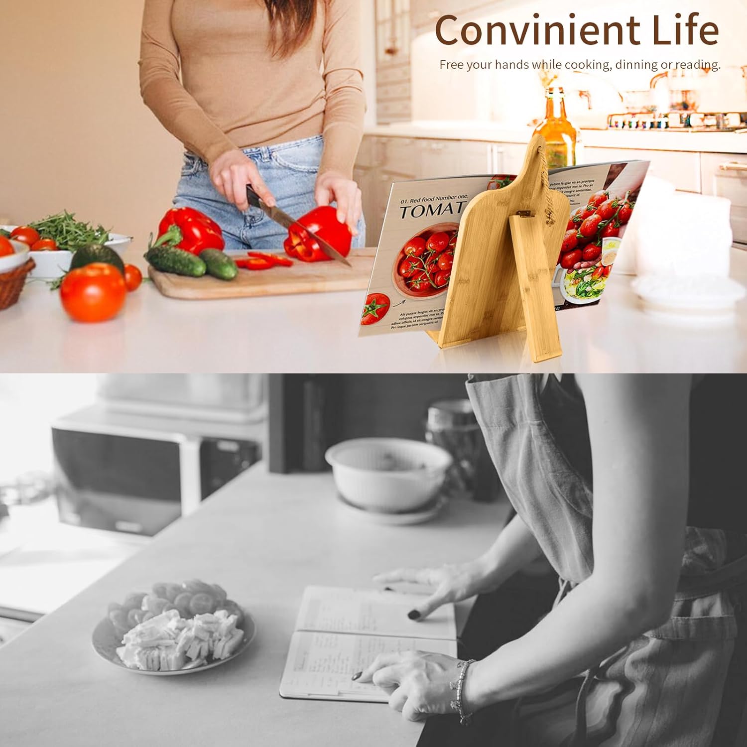 Adjustable Bamboo CookBook Holder with Conversion Chart