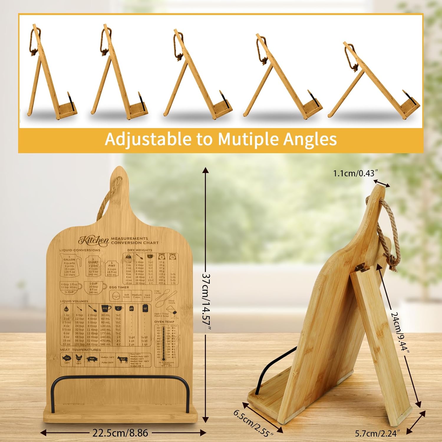 Adjustable Bamboo CookBook Holder with Conversion Chart