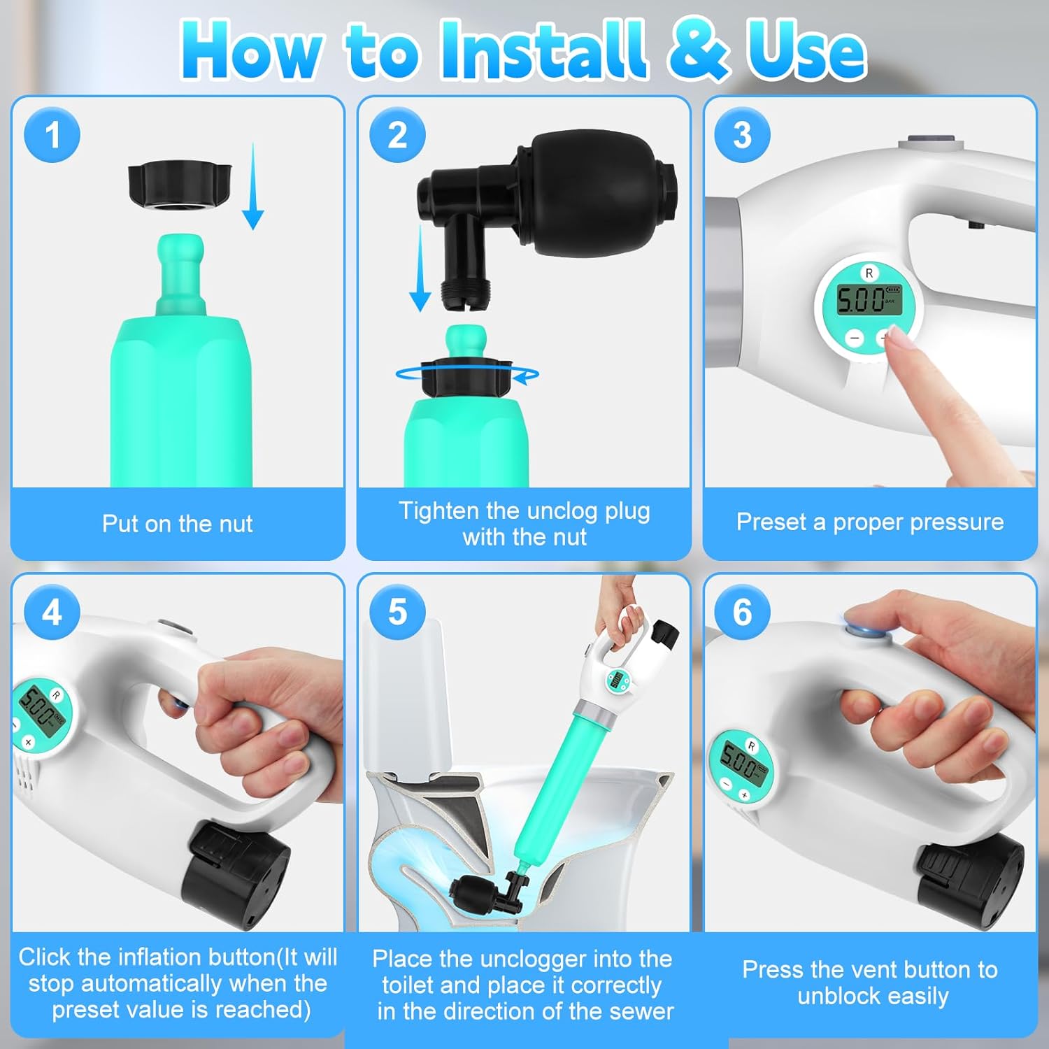 Electric Toilet Plunger with Auto Inflation and Digital Display