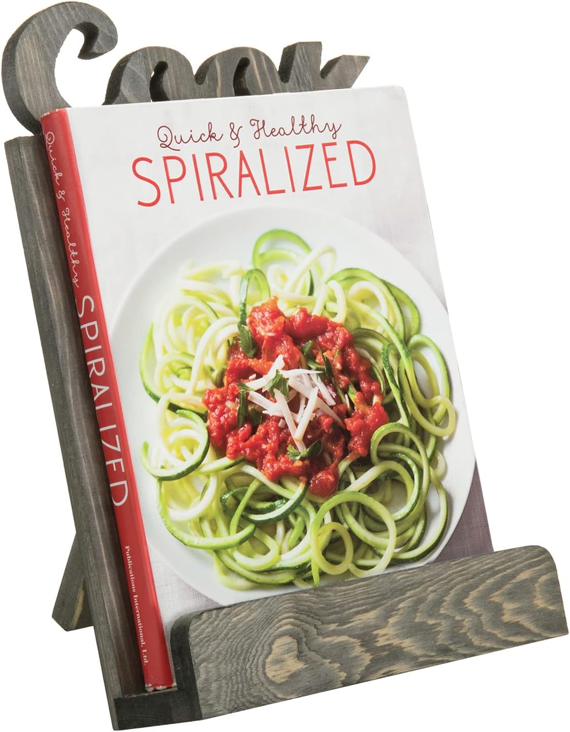 Functional Solid Wooden Cookbook Holder with Kickstand Decorative Letters Gray