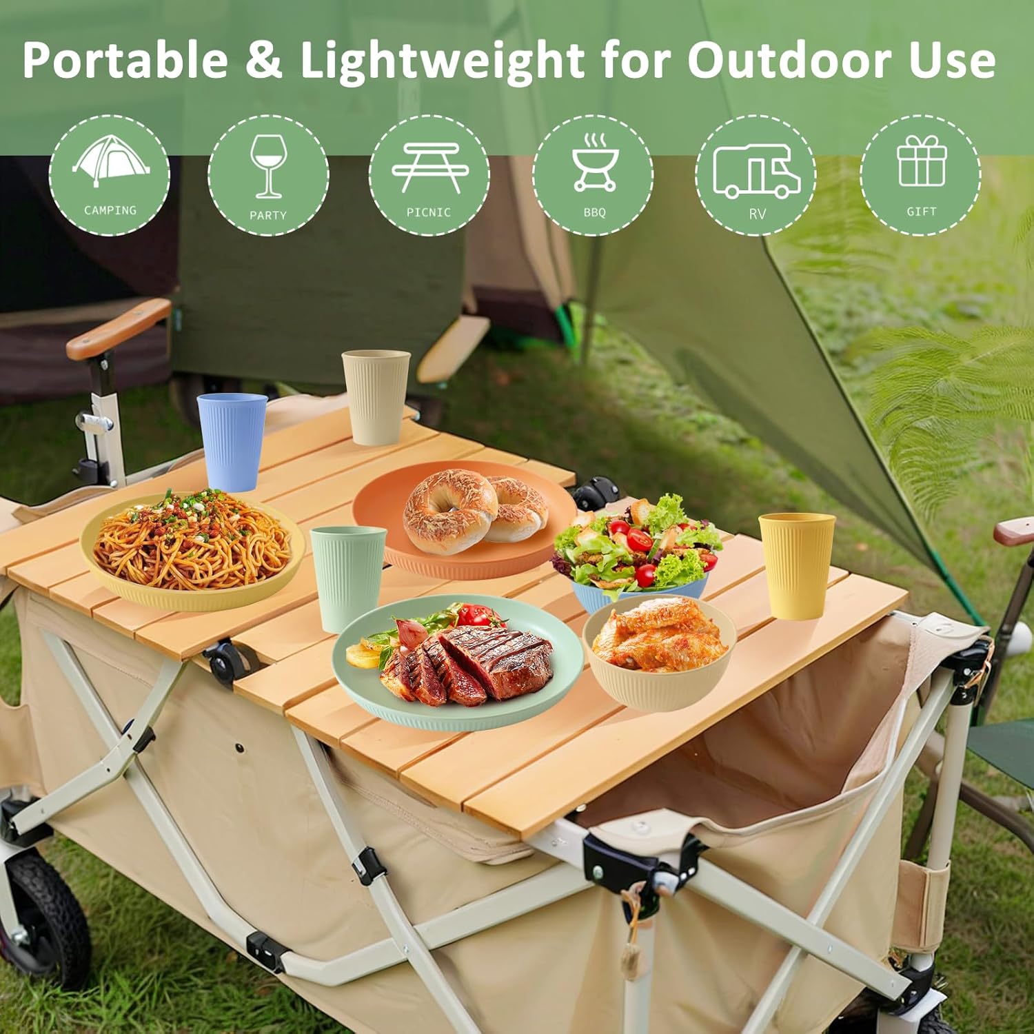 24pcs Unbreakable Reusable Wheat Straw Dinnerware Set for Outdoor Use