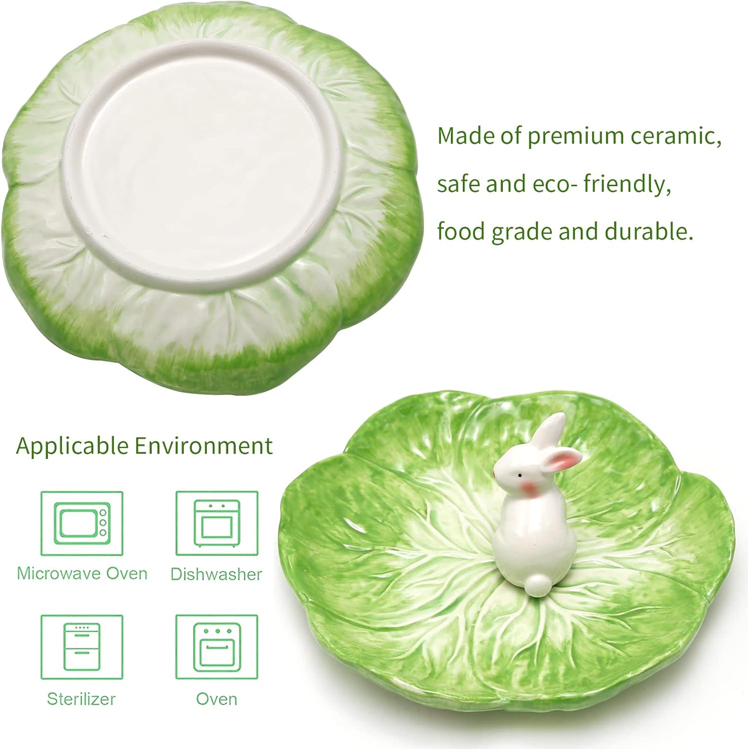 Green Cabbage Ceramic Dinner Plate with Rabbit