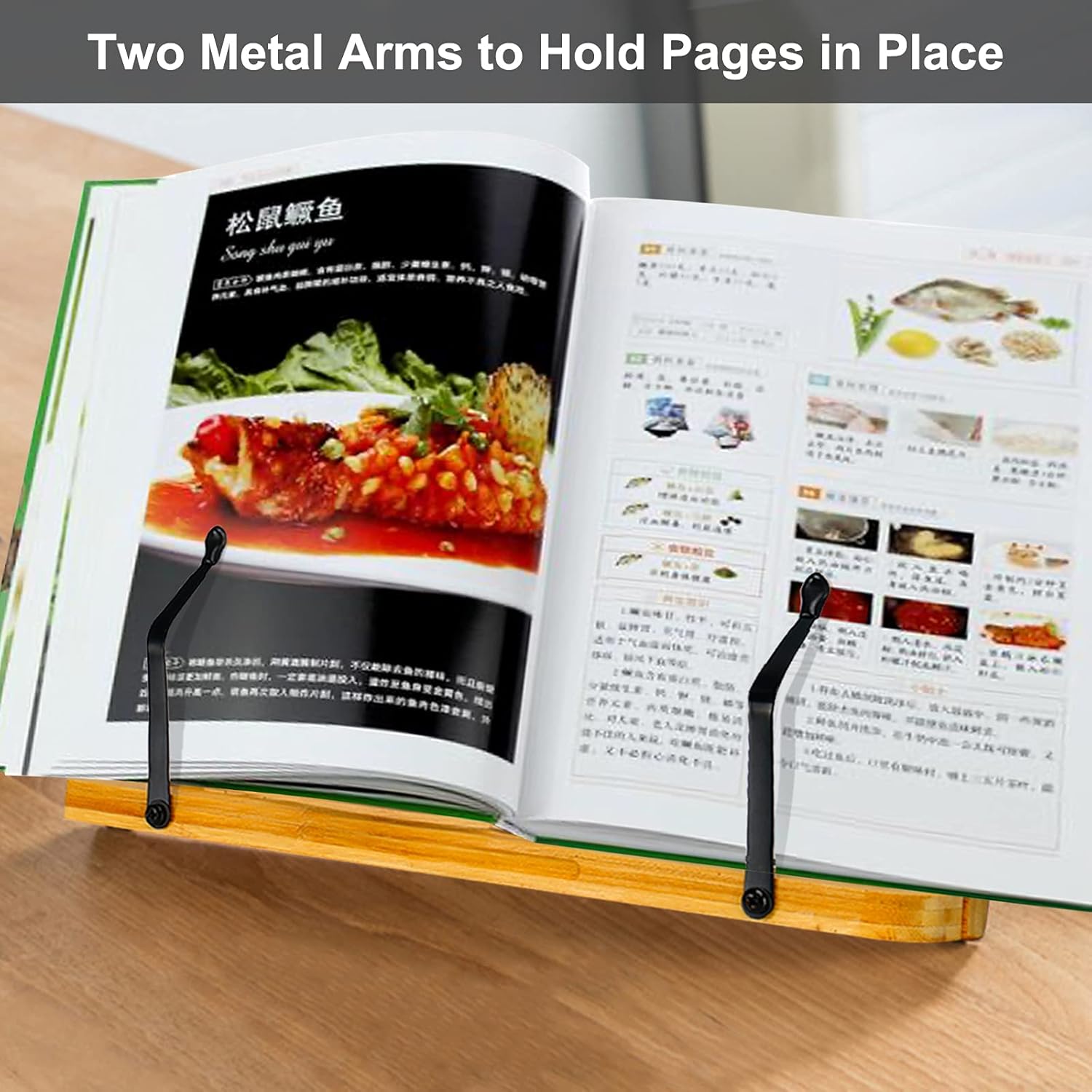 MEGREZ Bamboo Cookbook Stand with Page Clips 6 Height Adjustable