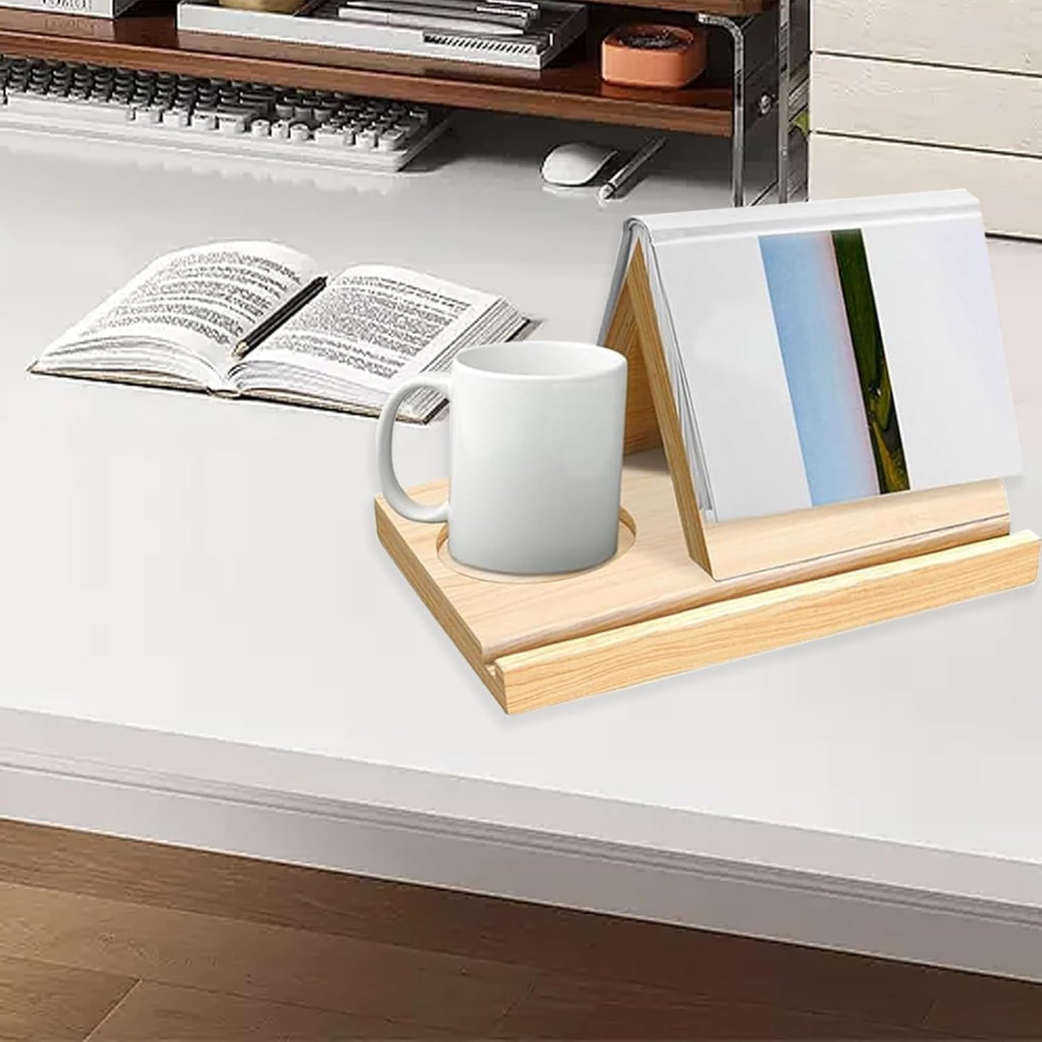 Solid Oak Wooden Triangle Bookshelf with Cup Holder and Tablet Slot