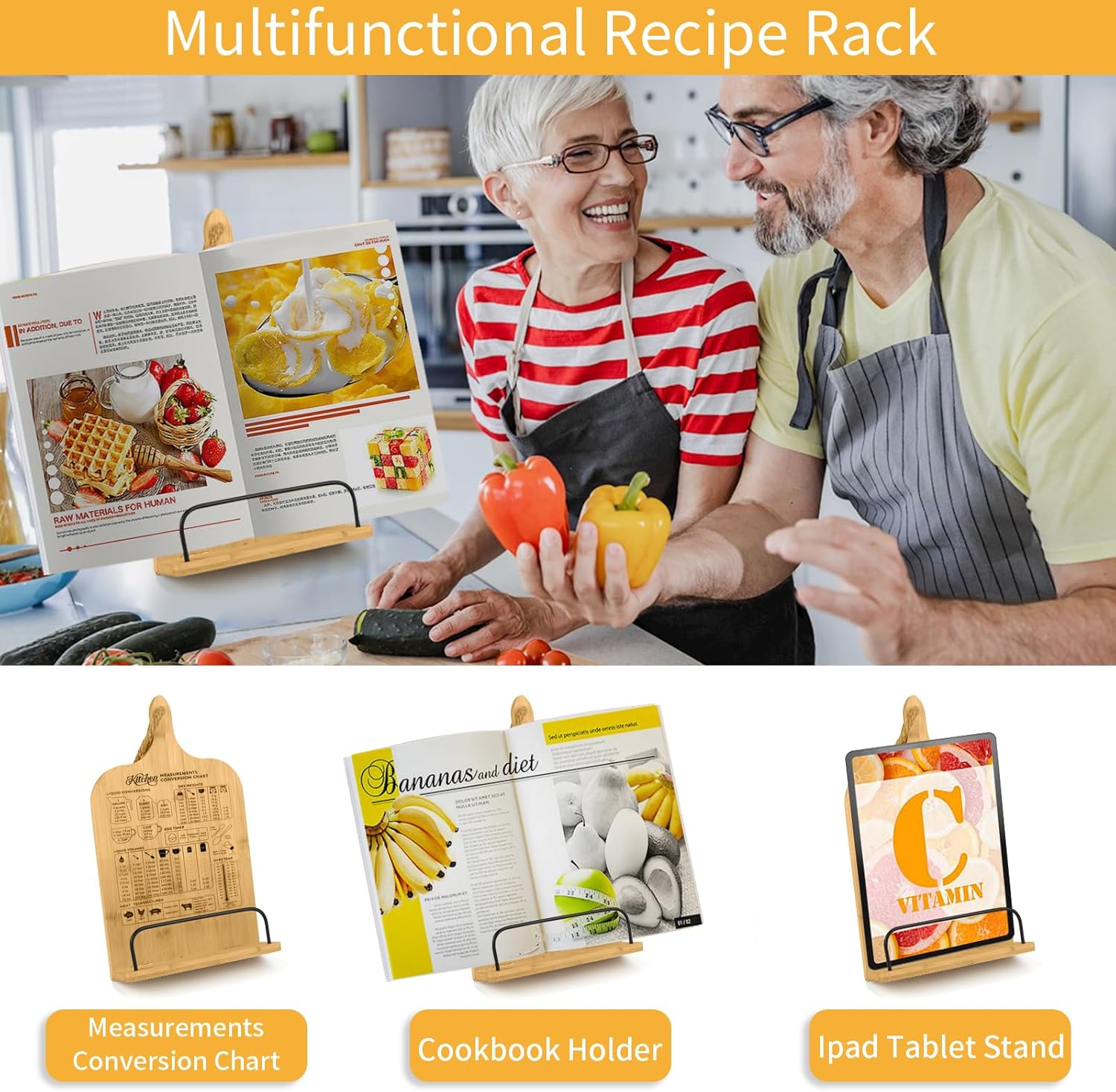 Adjustable Bamboo CookBook Holder with Conversion Chart