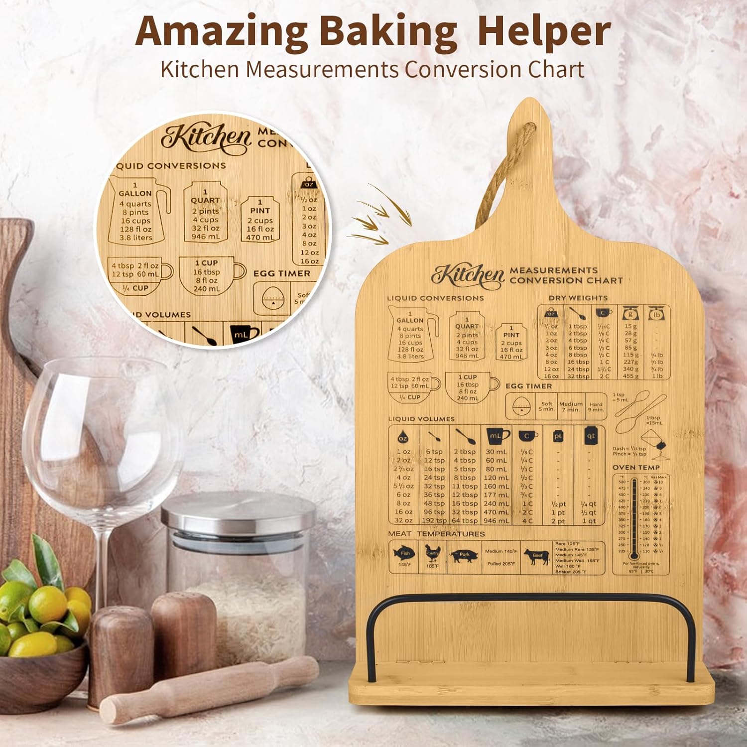 Adjustable Bamboo CookBook Holder with Conversion Chart