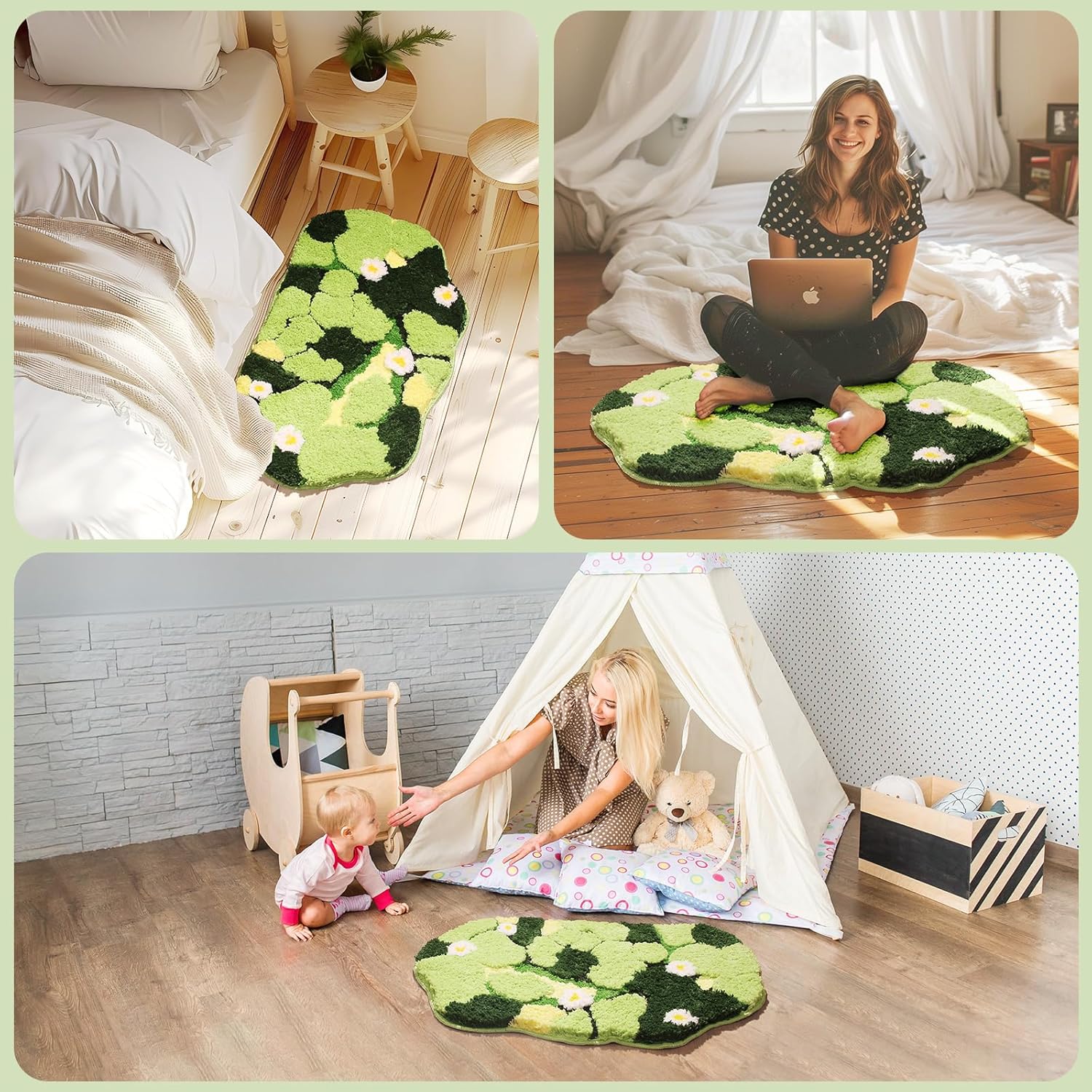 Green Moss Bath Mat - 32x20 Inch Soft Non-Slip Washable