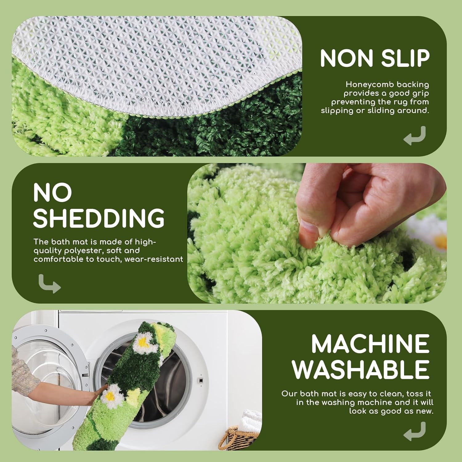 Green Moss Bath Mat - 32x20 Inch Soft Non-Slip Washable