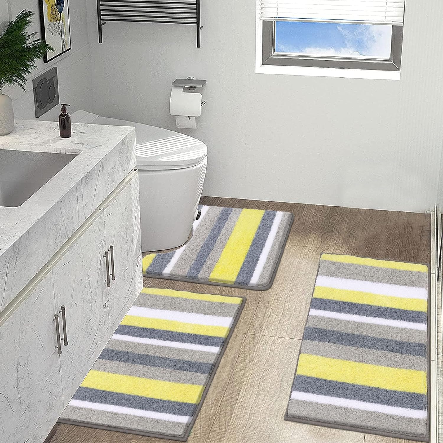 Vaukki 3 Piece Bathroom Rugs Set - Non Slip Shaggy Microfiber Mats