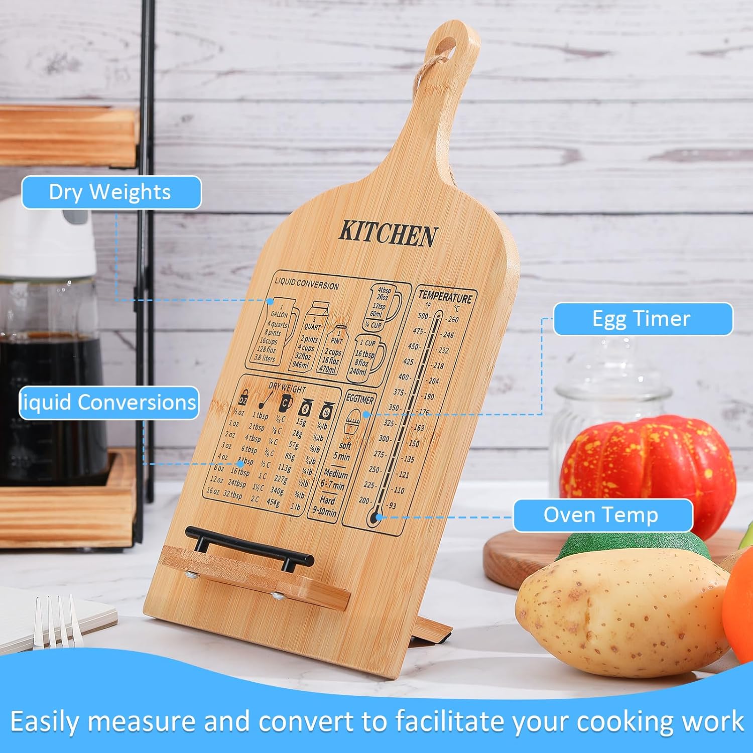 Sturdy Wooden Cookbook Stand with Measurement Chart for Kitchen Use