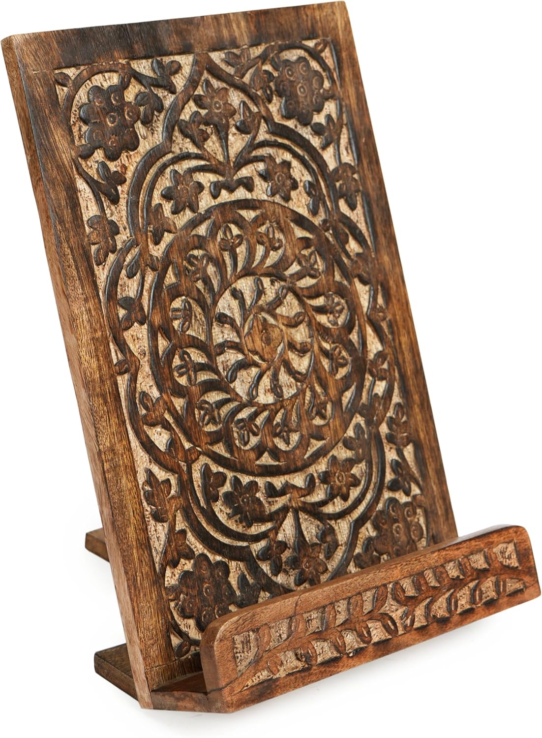 Intricate Hand-Carved Mandala Design Beautifully Hand-Carved Rosewood Mandala Recipe Book Stand