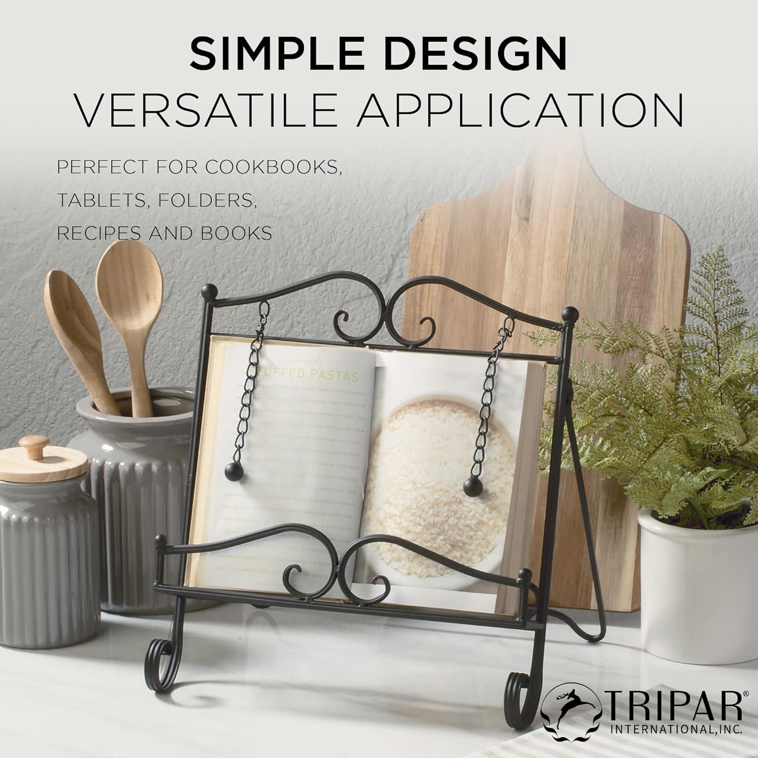 Sturdy Black Metal Cookbook Stand with Swirl Design