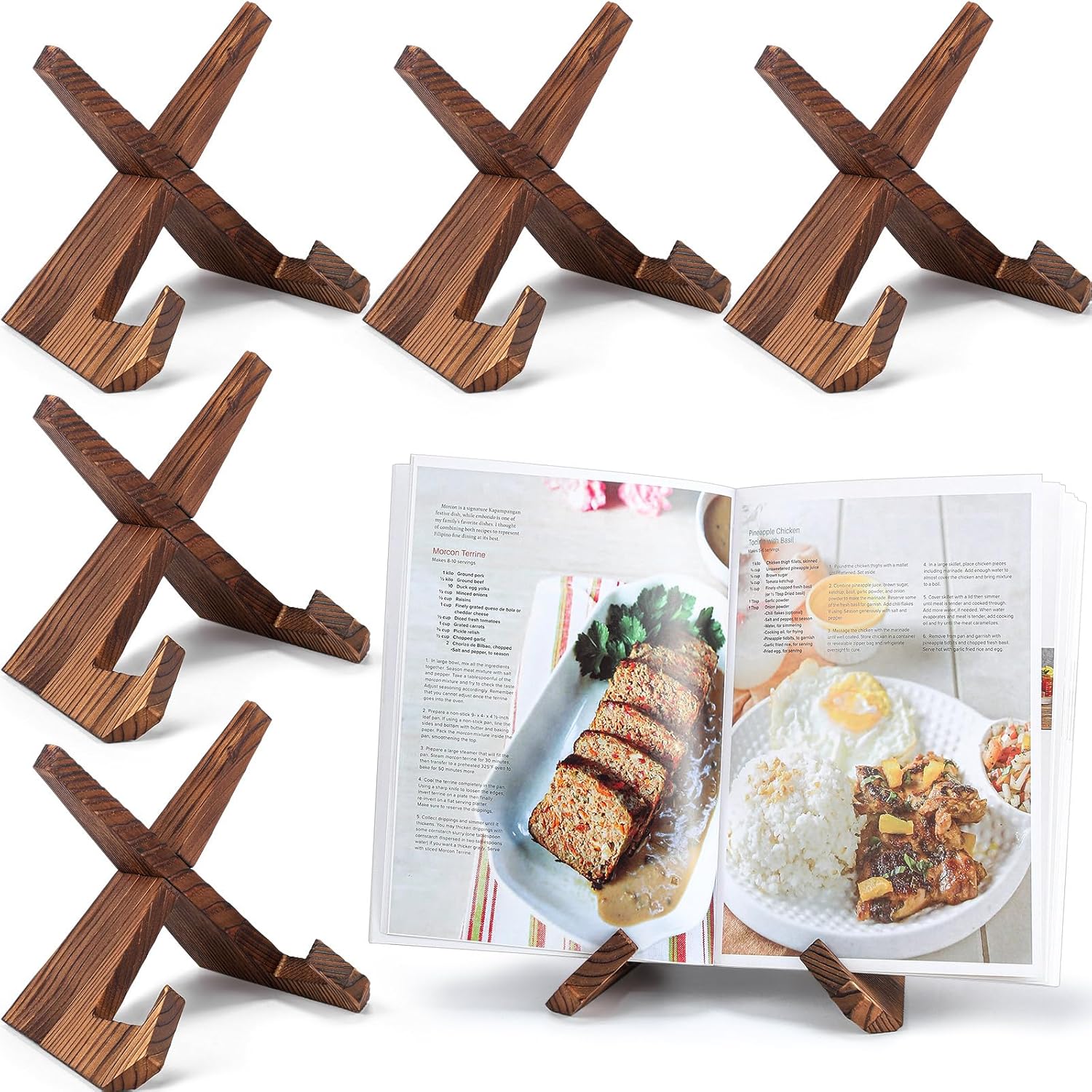 6-Piece X-Shaped Wooden Kitchen Cookbook Holder for Display and Stability