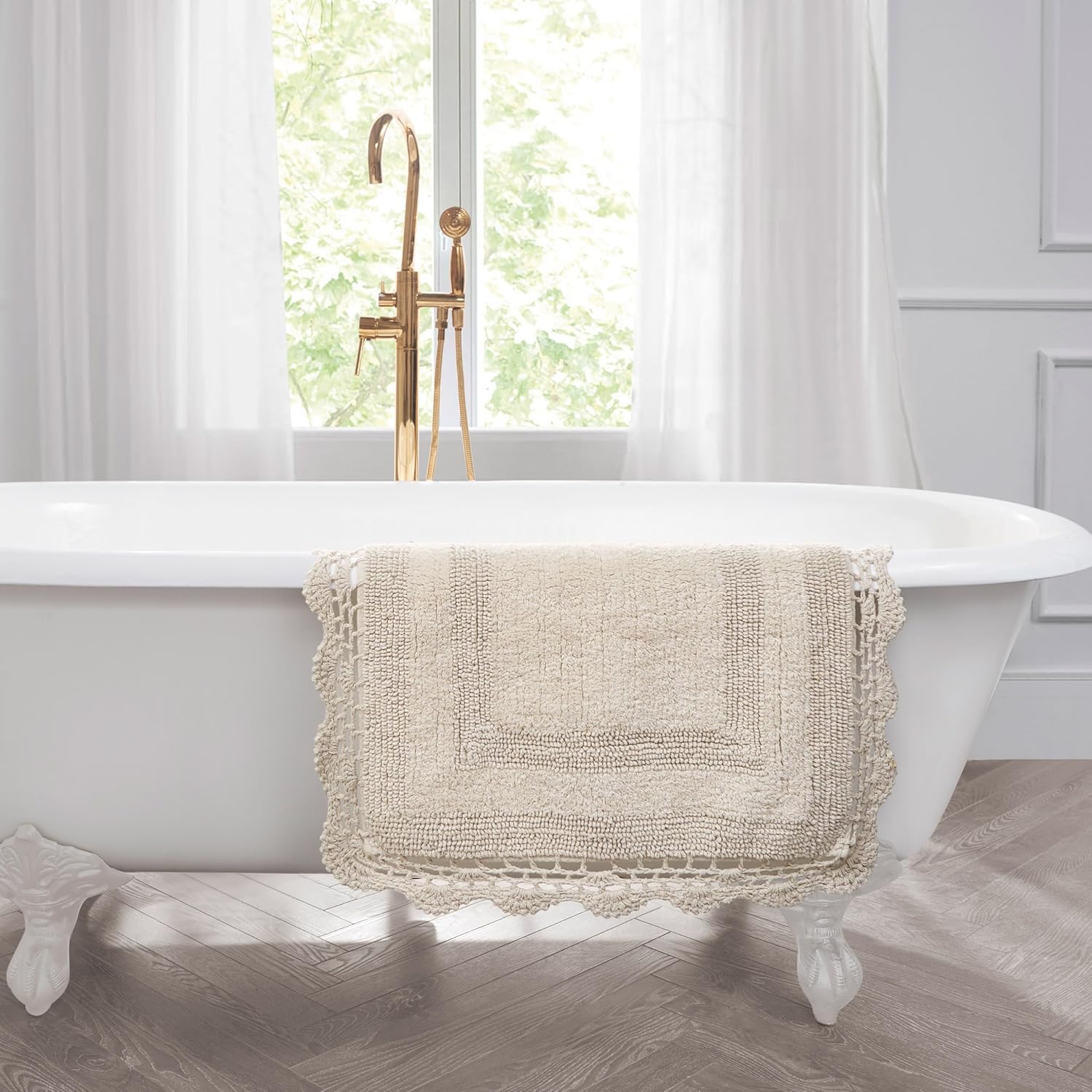 Laura Ashley Crochet Cotton 17x2421x34 in 2-Piece Bath Rug Set Linen