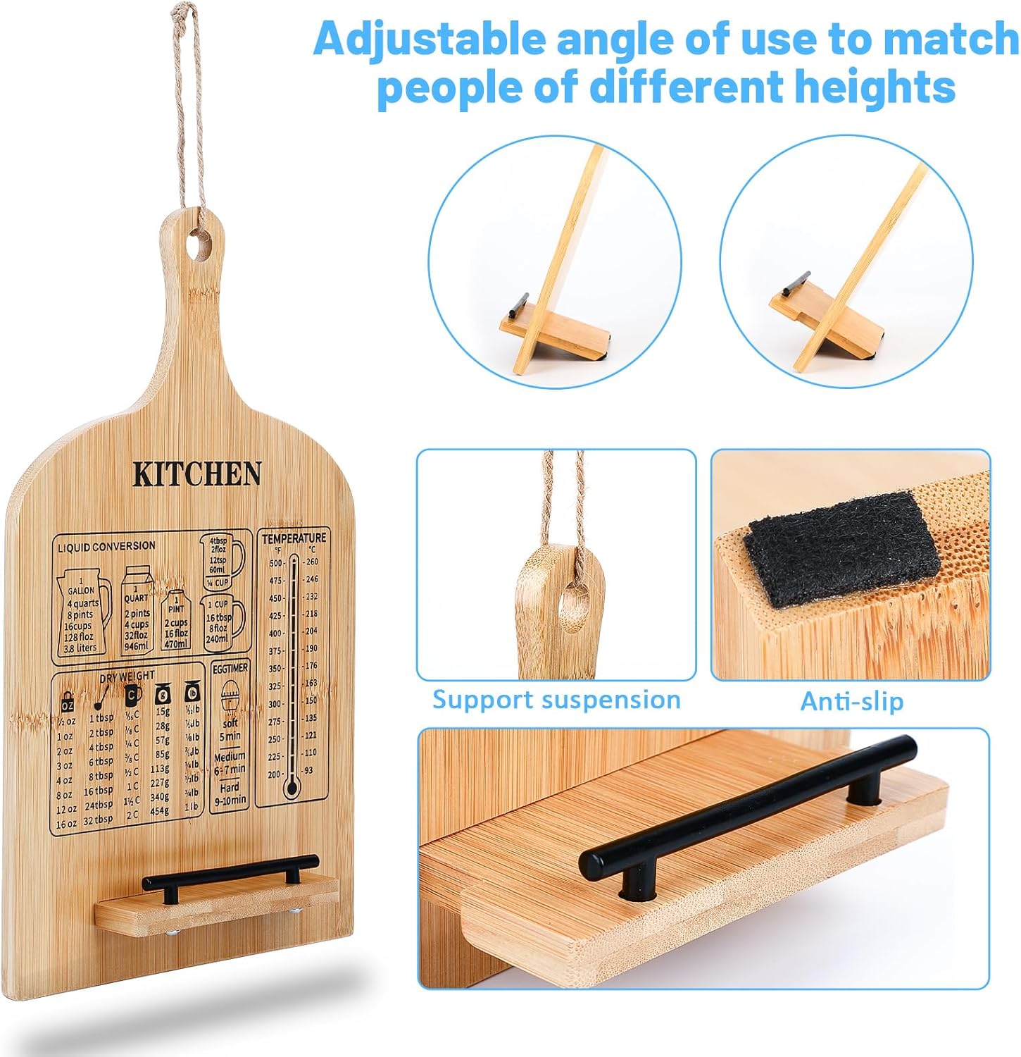 Sturdy Wooden Cookbook Stand with Measurement Chart for Kitchen Use