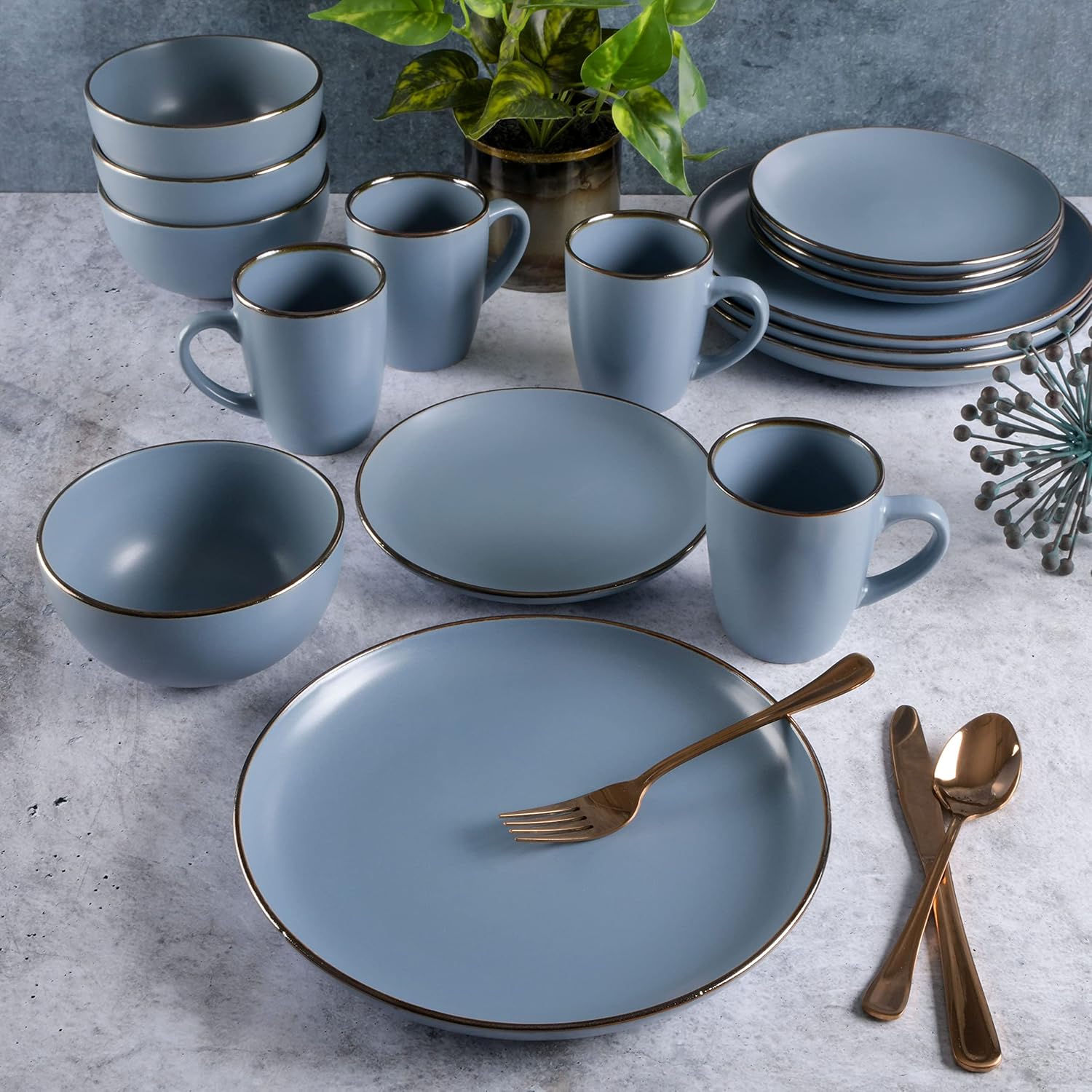 Gibson Home Rockaway Round Stoneware Dinnerware Set Service for 4 Matte Blue