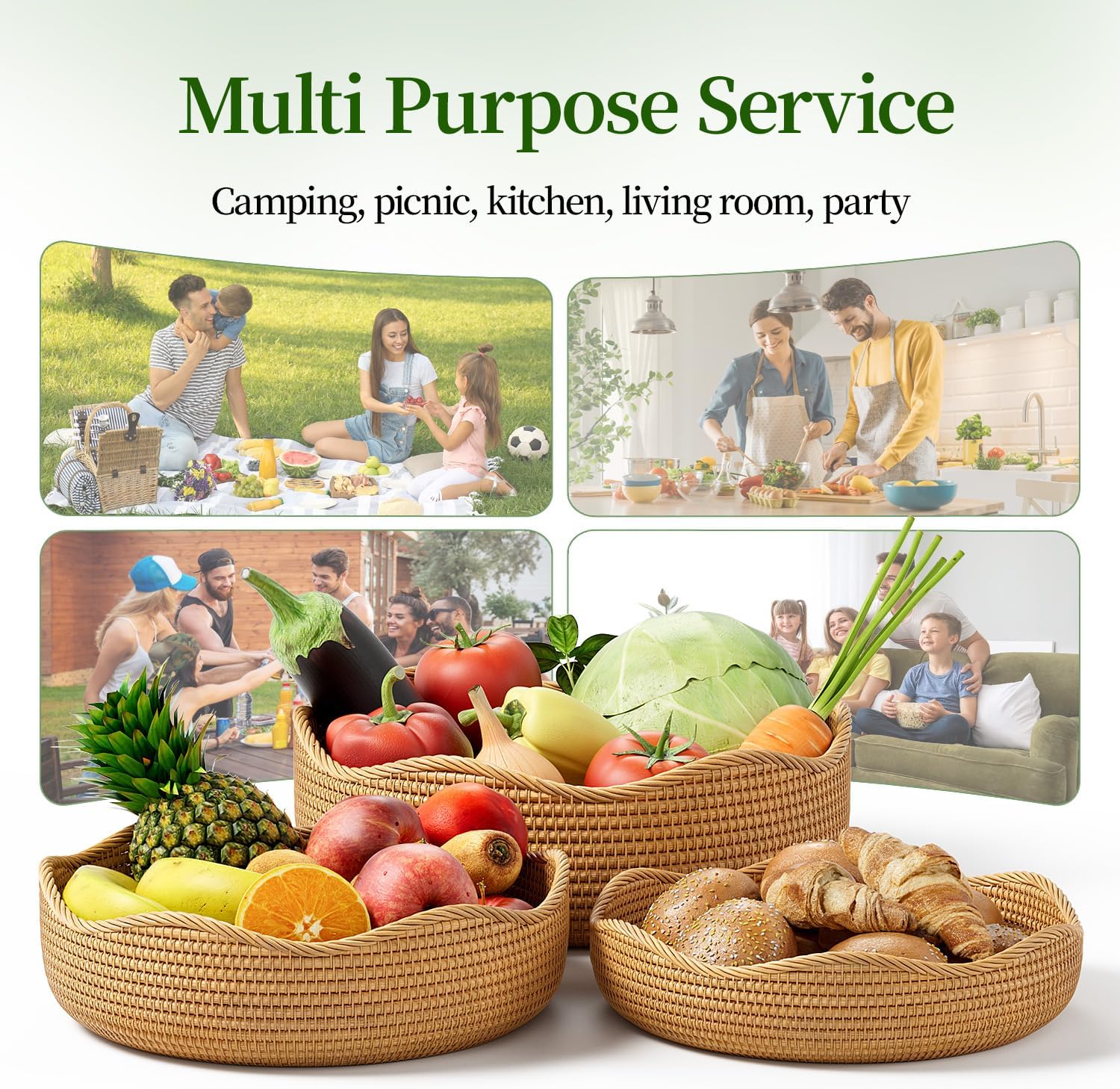 3-Piece Rattan Serving Basket Set Hand-crafted Kitchen Storage