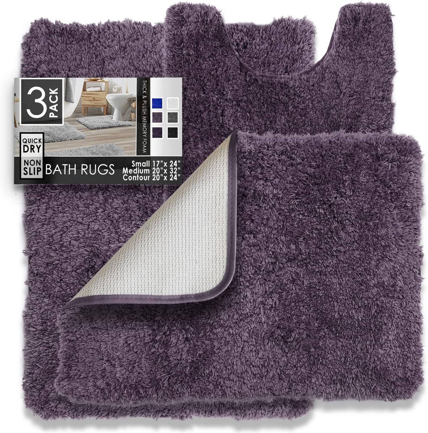 Clara Clark 3 Piece Bath Rug Set Purple