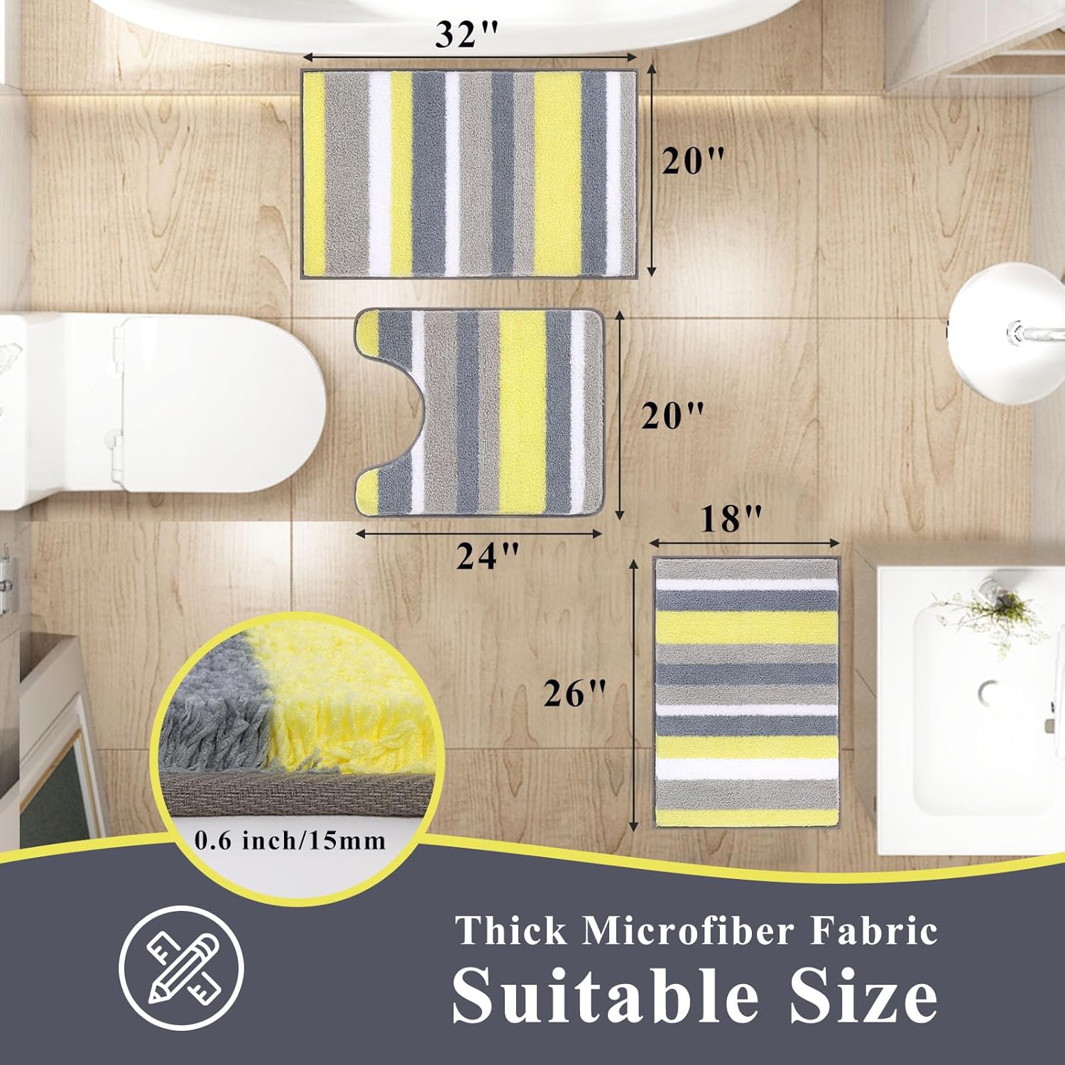 Vaukki 3 Piece Bathroom Rugs Set - Non Slip Shaggy Microfiber Mats