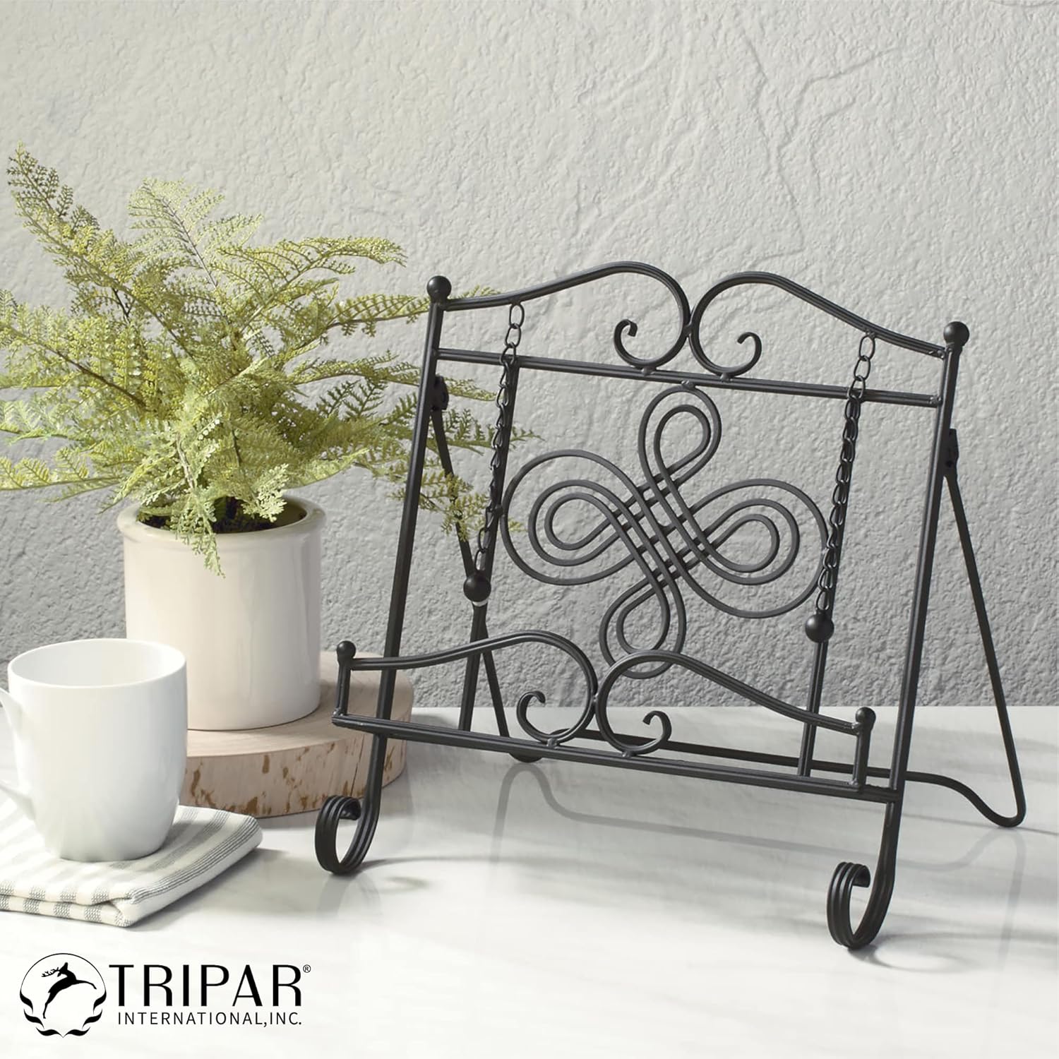 Sturdy Black Metal Cookbook Stand with Swirl Design
