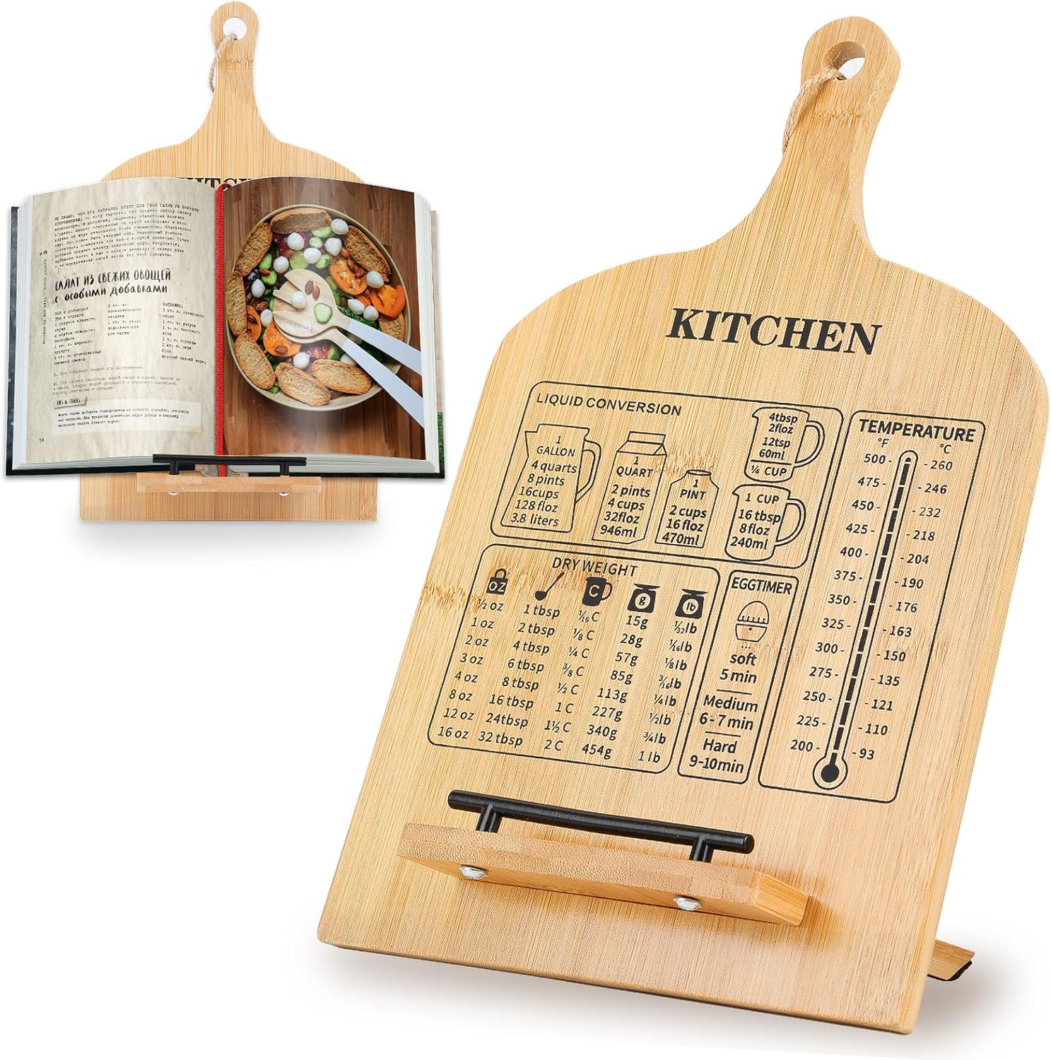 Sturdy Wooden Cookbook Stand with Measurement Chart for Kitchen Use