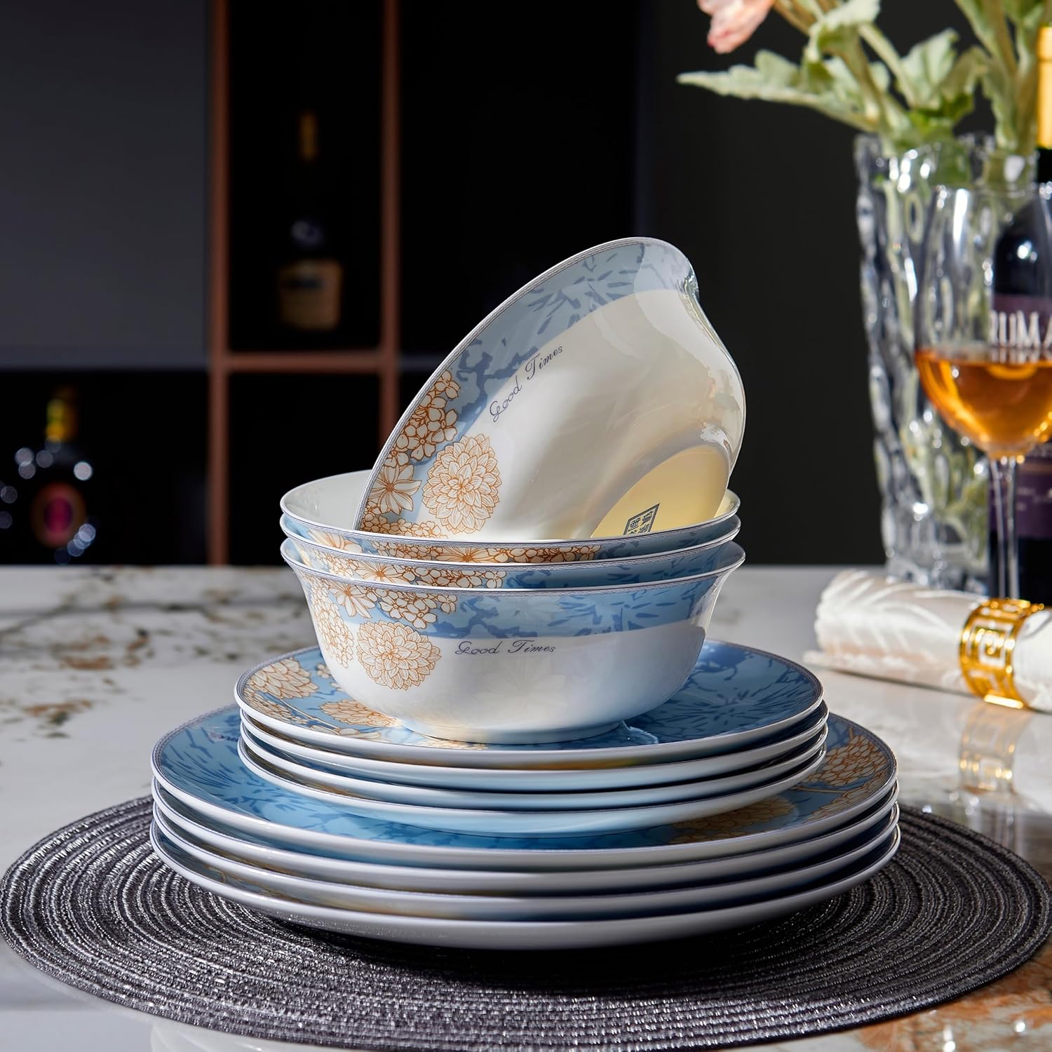 Prosperity Design 12-Piece Bone China Dinnerware Set