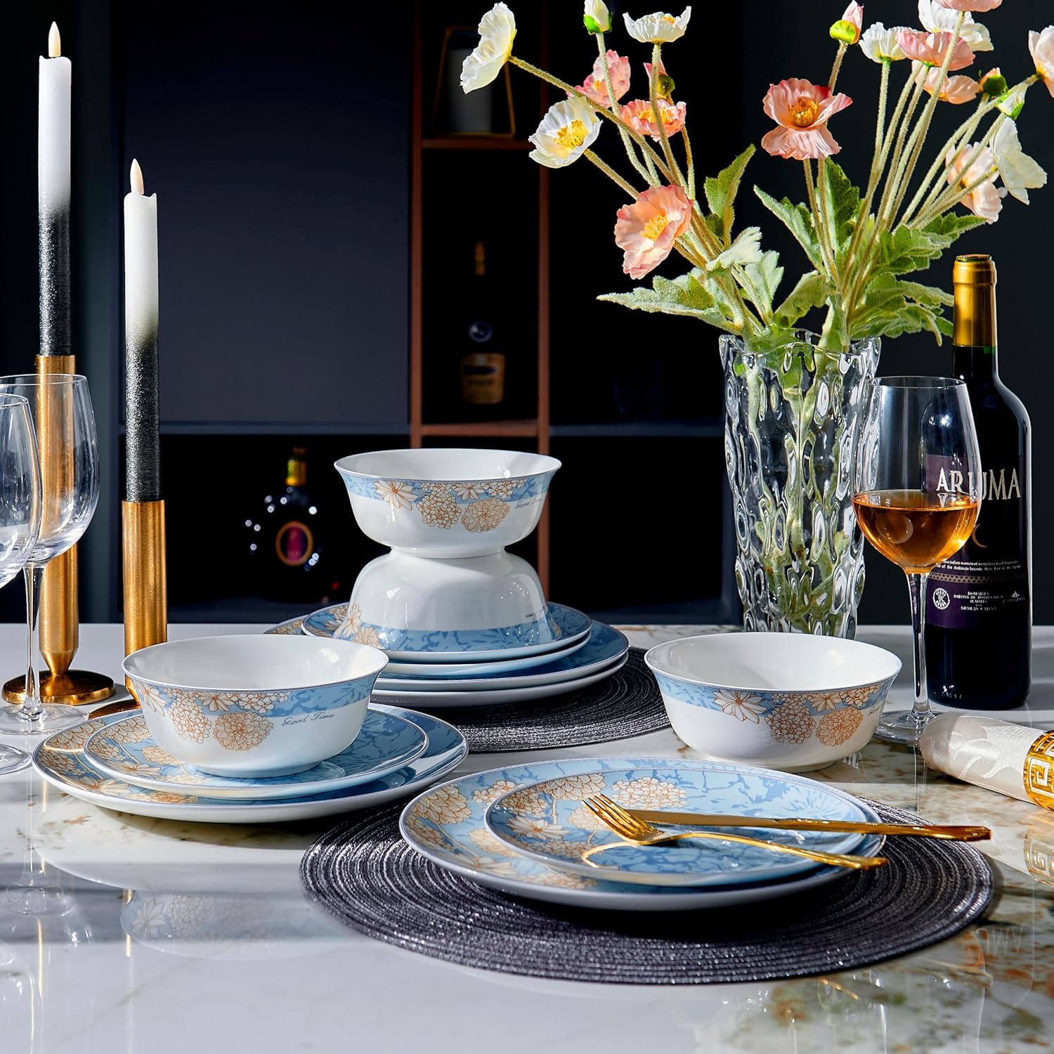 Prosperity Design 12-Piece Bone China Dinnerware Set