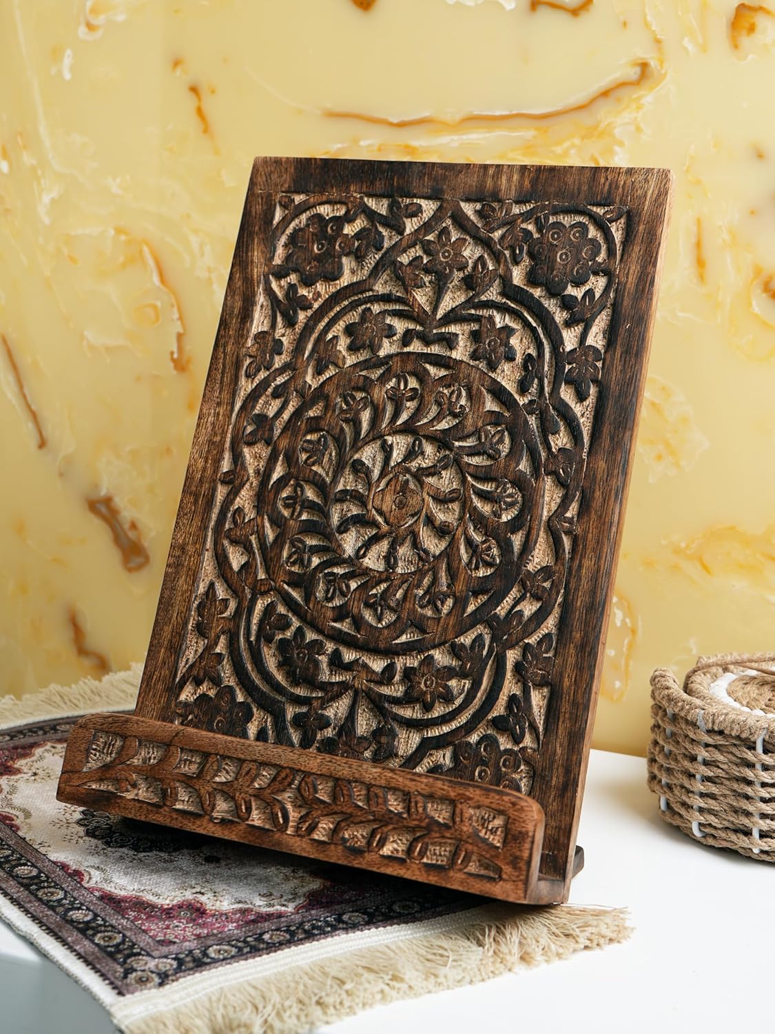 Intricate Hand-Carved Mandala Design Beautifully Hand-Carved Rosewood Mandala Recipe Book Stand