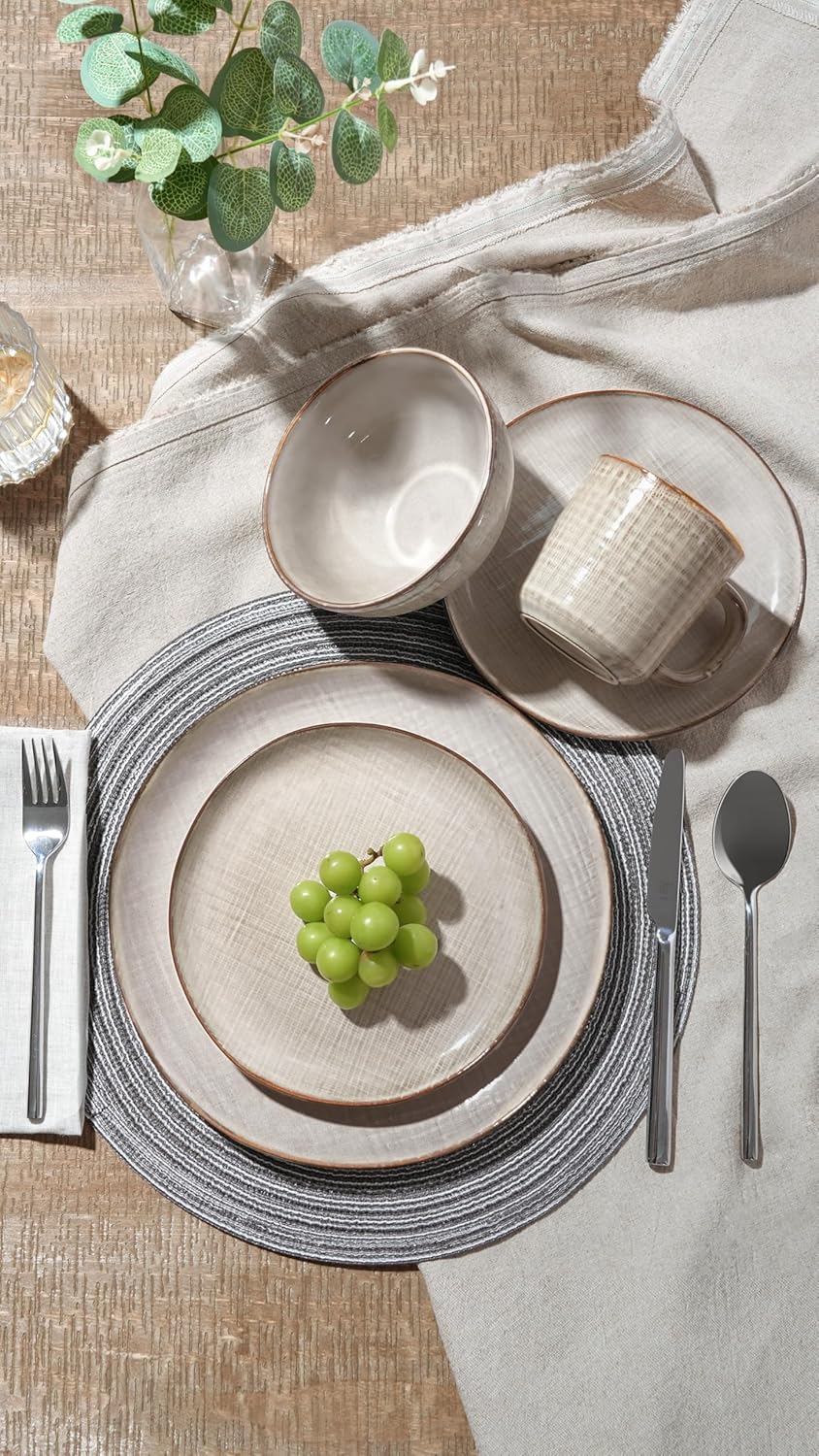 Famiware 24-Piece Moonlight Dinnerware Set - Summer Sand Stoneware with Linen Finish
