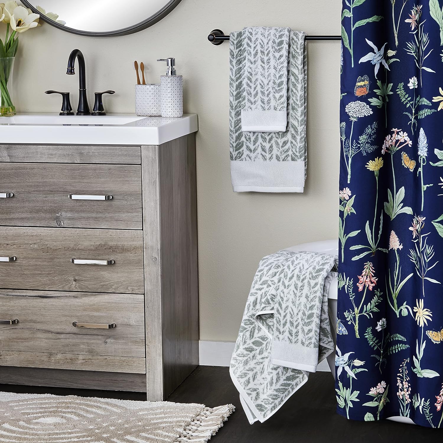 SKL Home Distressed Leaves Bath Towel Sage 28x54